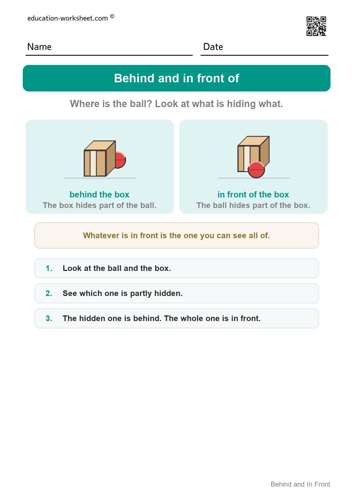 How to use this worksheet - Free Behind and In Front Worksheets for Kindergarten - Find It