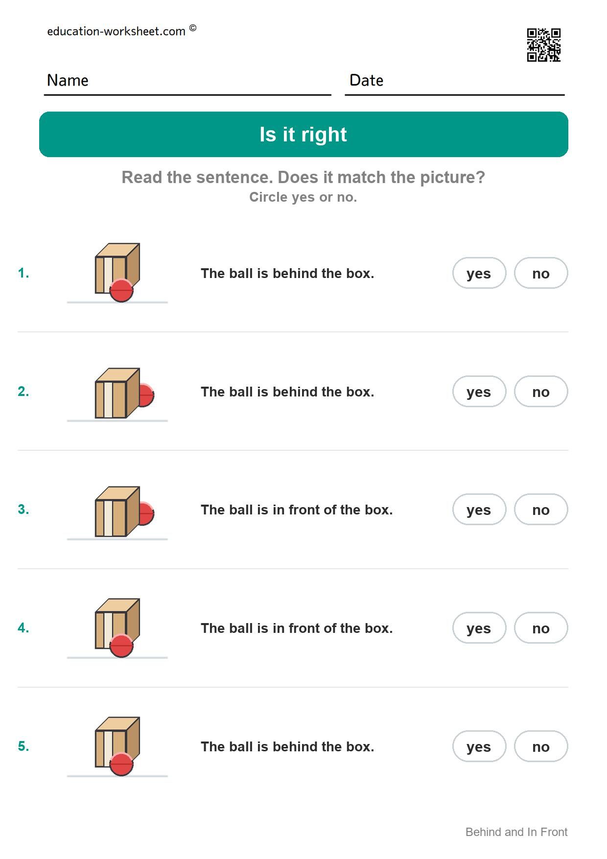 Is it right (Set 9) - Free Behind and In Front Worksheets for Kindergarten - Find It