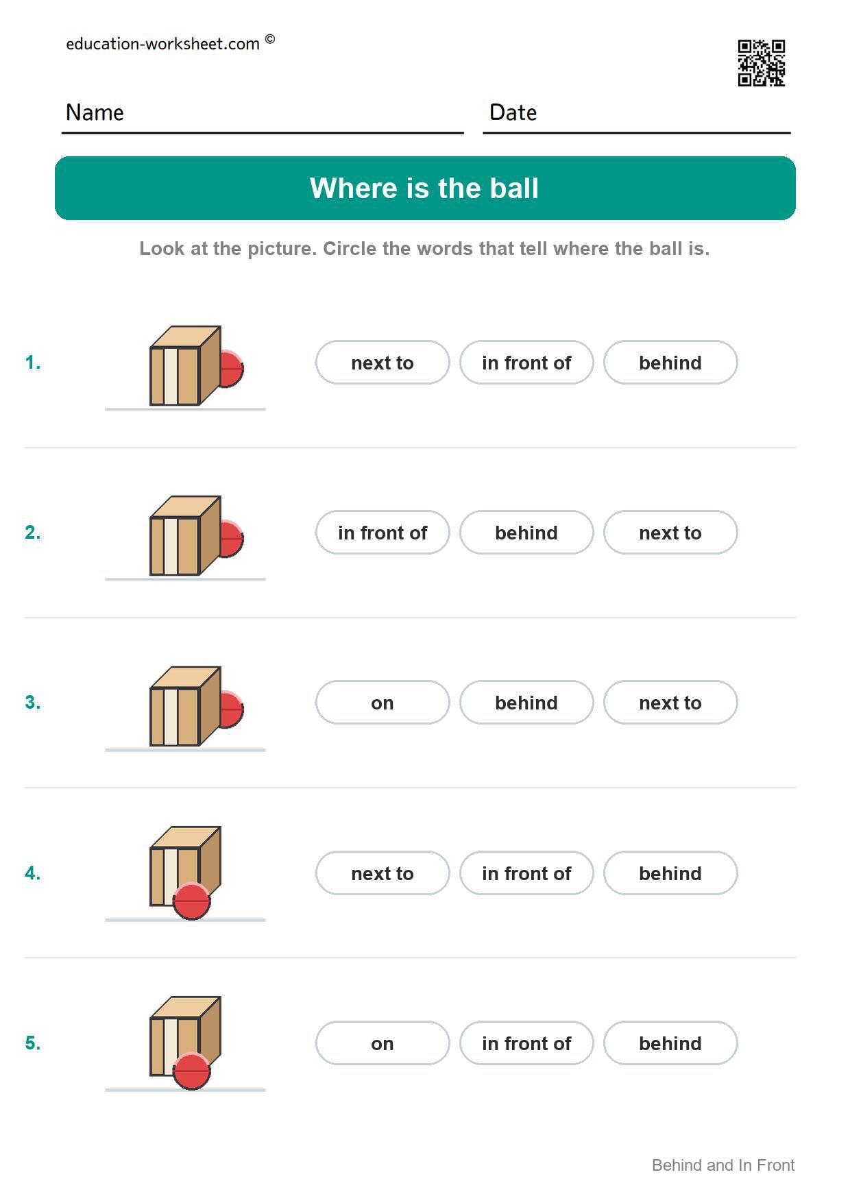 Where is the ball (Set 10) - Free Behind and In Front Worksheets for Kindergarten - Find It