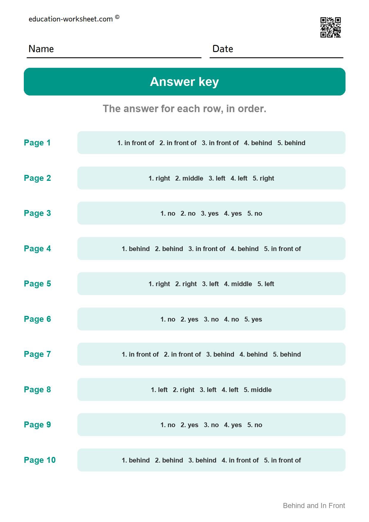 Answer key - all 10 pages - Free Behind and In Front Worksheets for Kindergarten - Find It