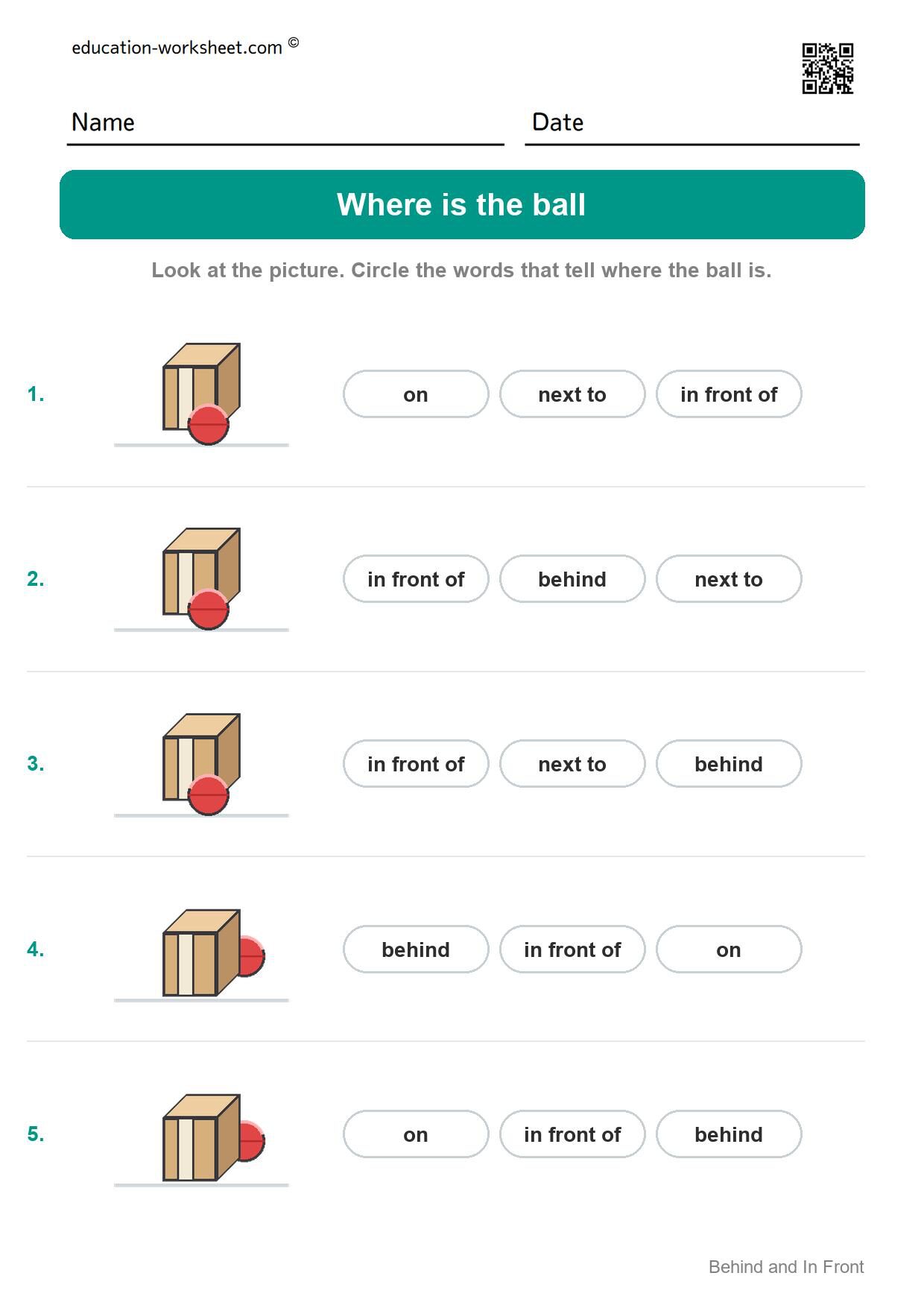 Where is the ball (Set 1) - Free Behind and In Front Worksheets for Kindergarten - Find It