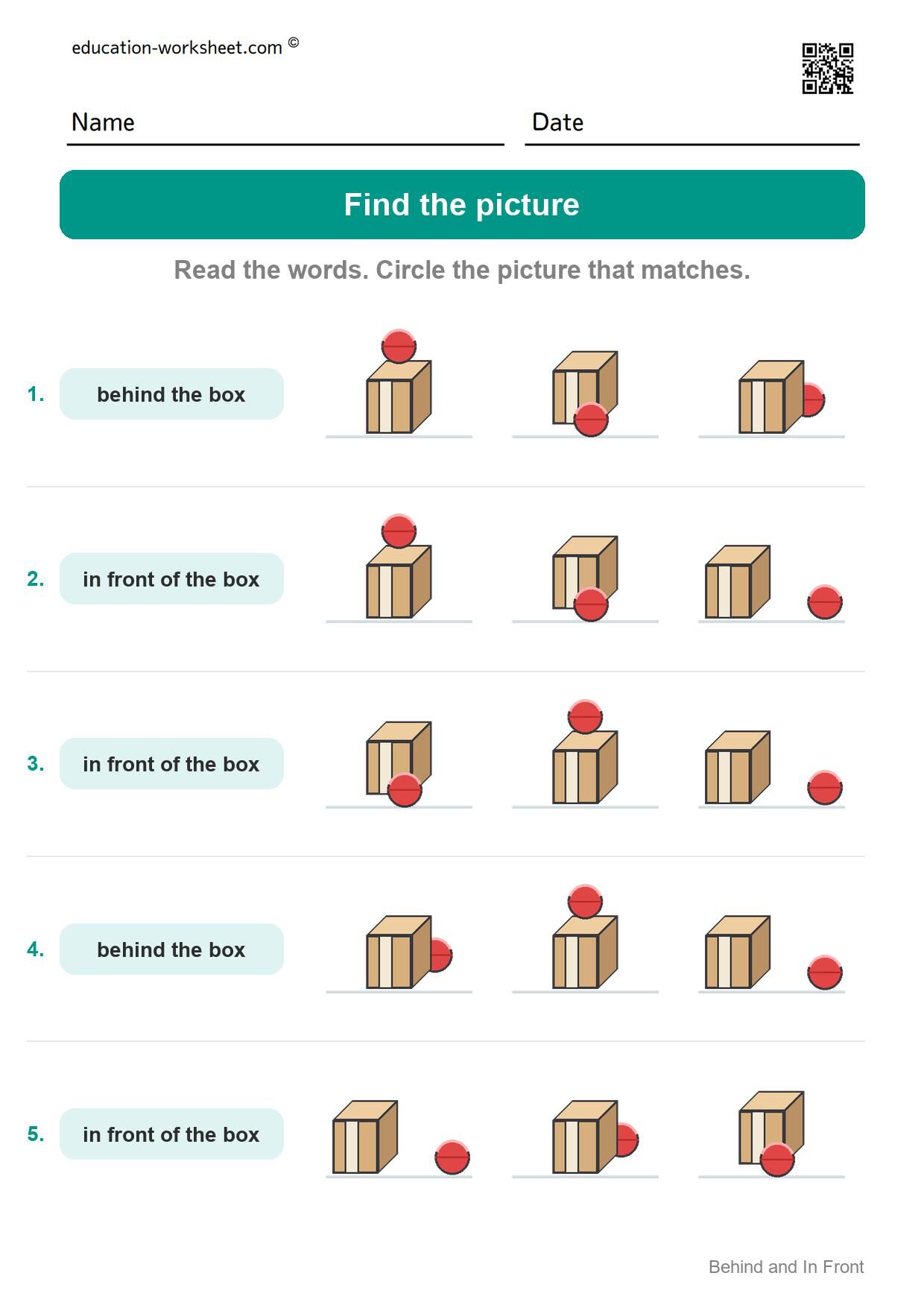 Find the picture (Set 2) - Free Behind and In Front Worksheets for Kindergarten - Find It
