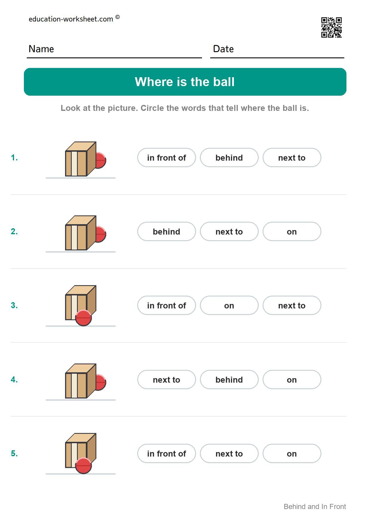 Where is the ball (Set 4) - Free Behind and In Front Worksheets for Kindergarten - Find It