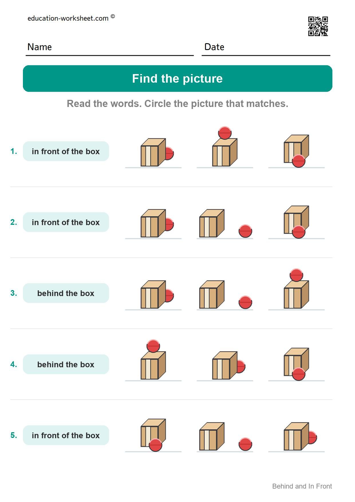 Find the picture (Set 5) - Free Behind and In Front Worksheets for Kindergarten - Find It