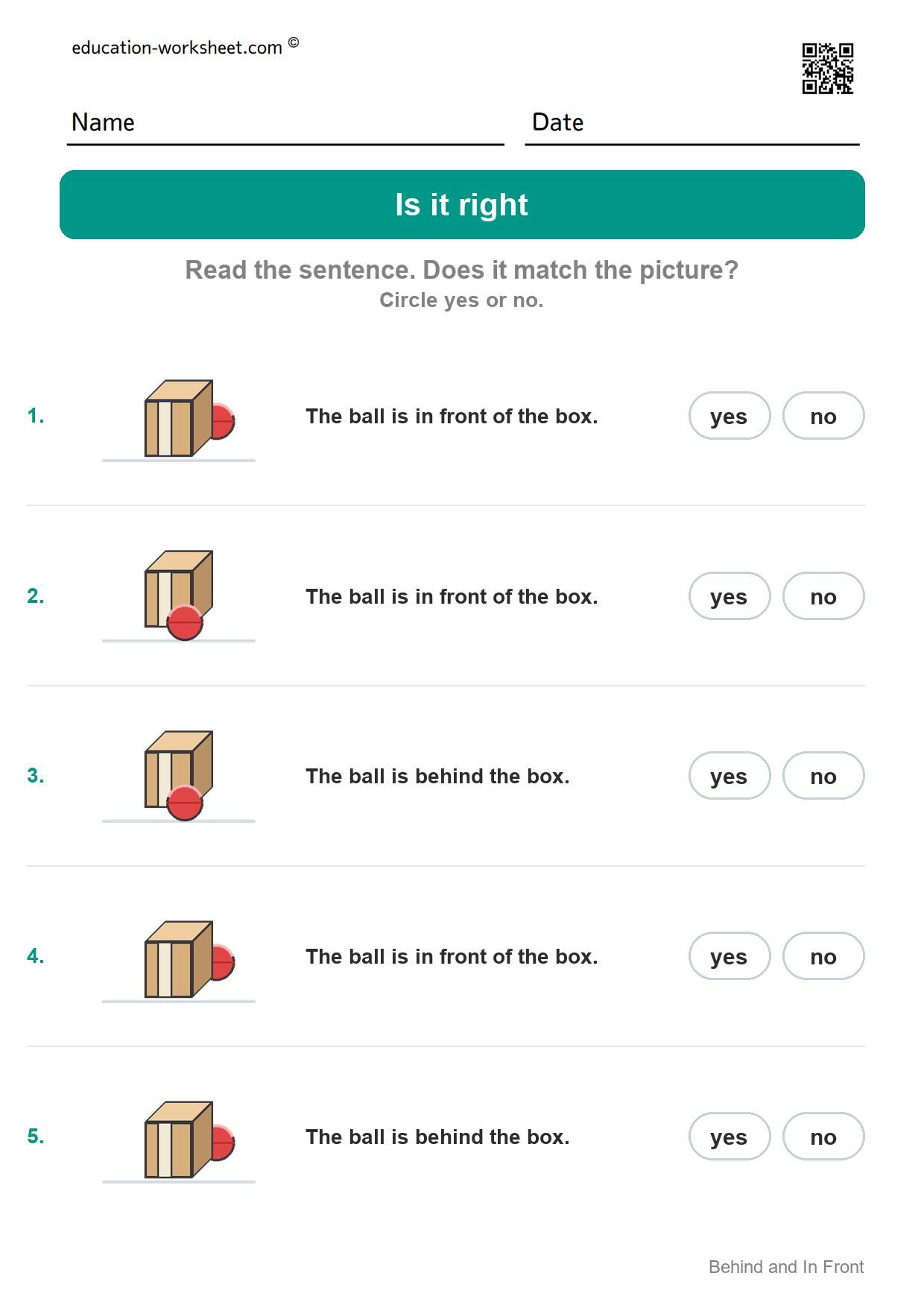 Is it right (Set 6) - Free Behind and In Front Worksheets for Kindergarten - Find It