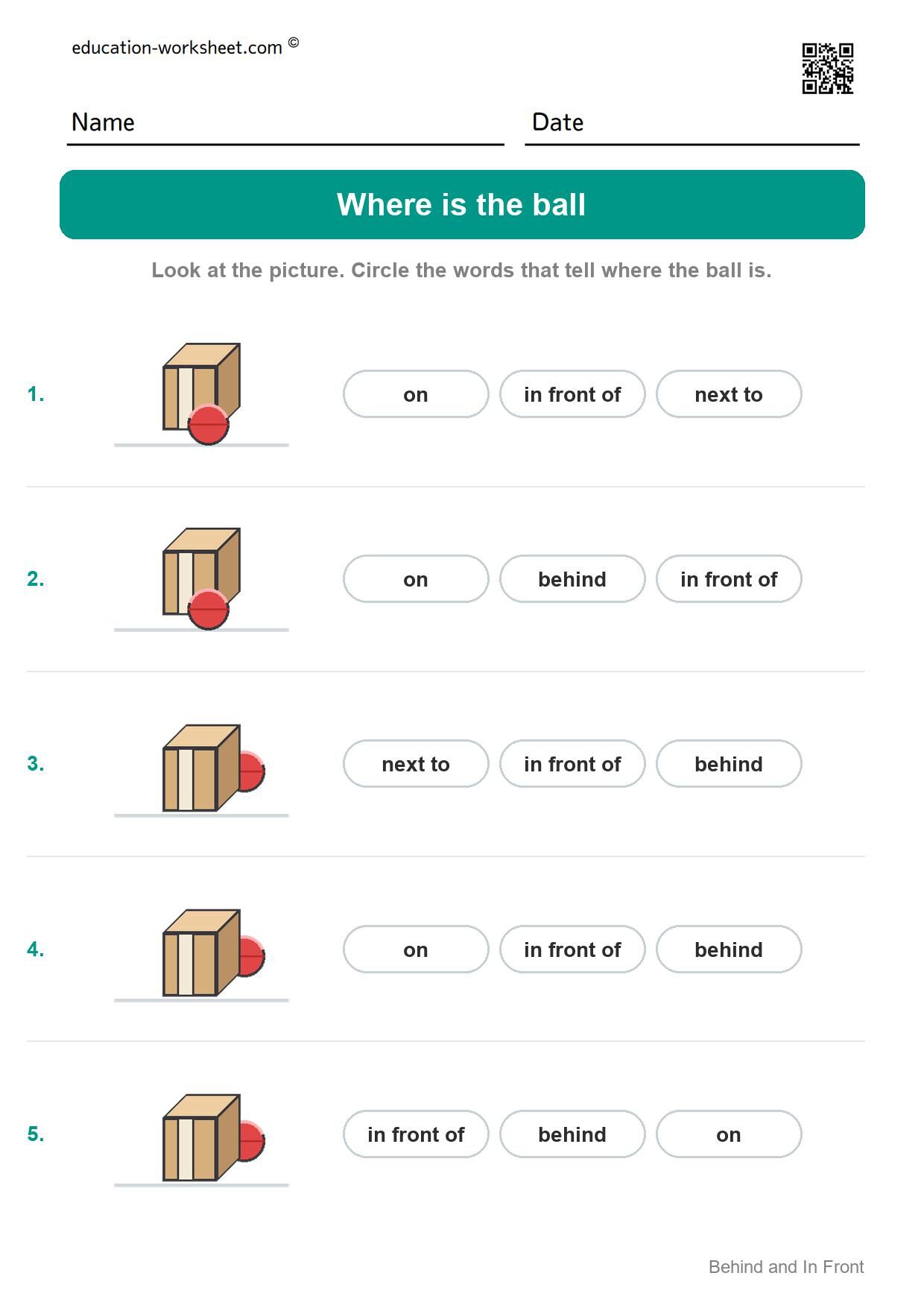 Where is the ball (Set 7) - Free Behind and In Front Worksheets for Kindergarten - Find It