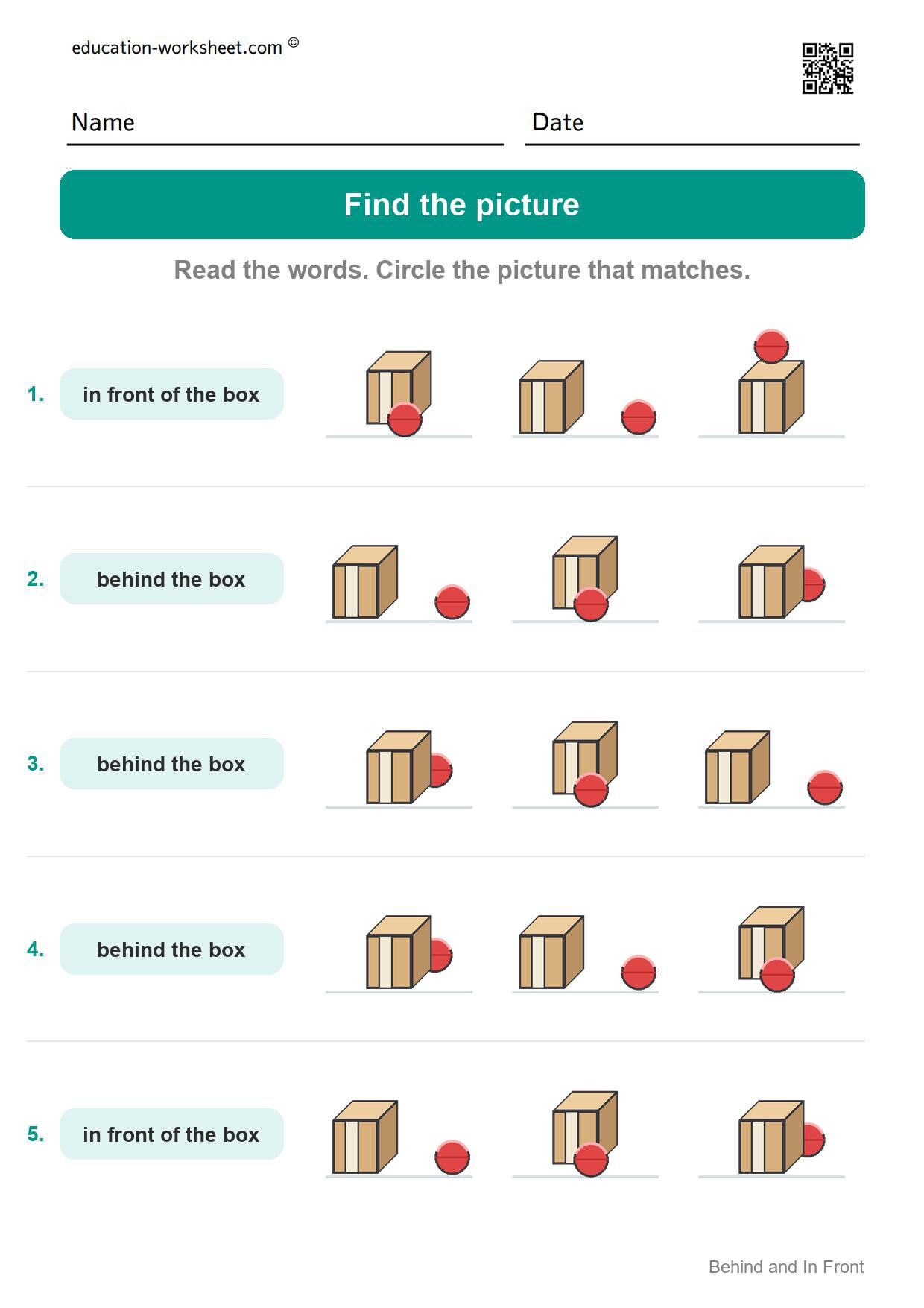 Find the picture (Set 8) - Free Behind and In Front Worksheets for Kindergarten - Find It