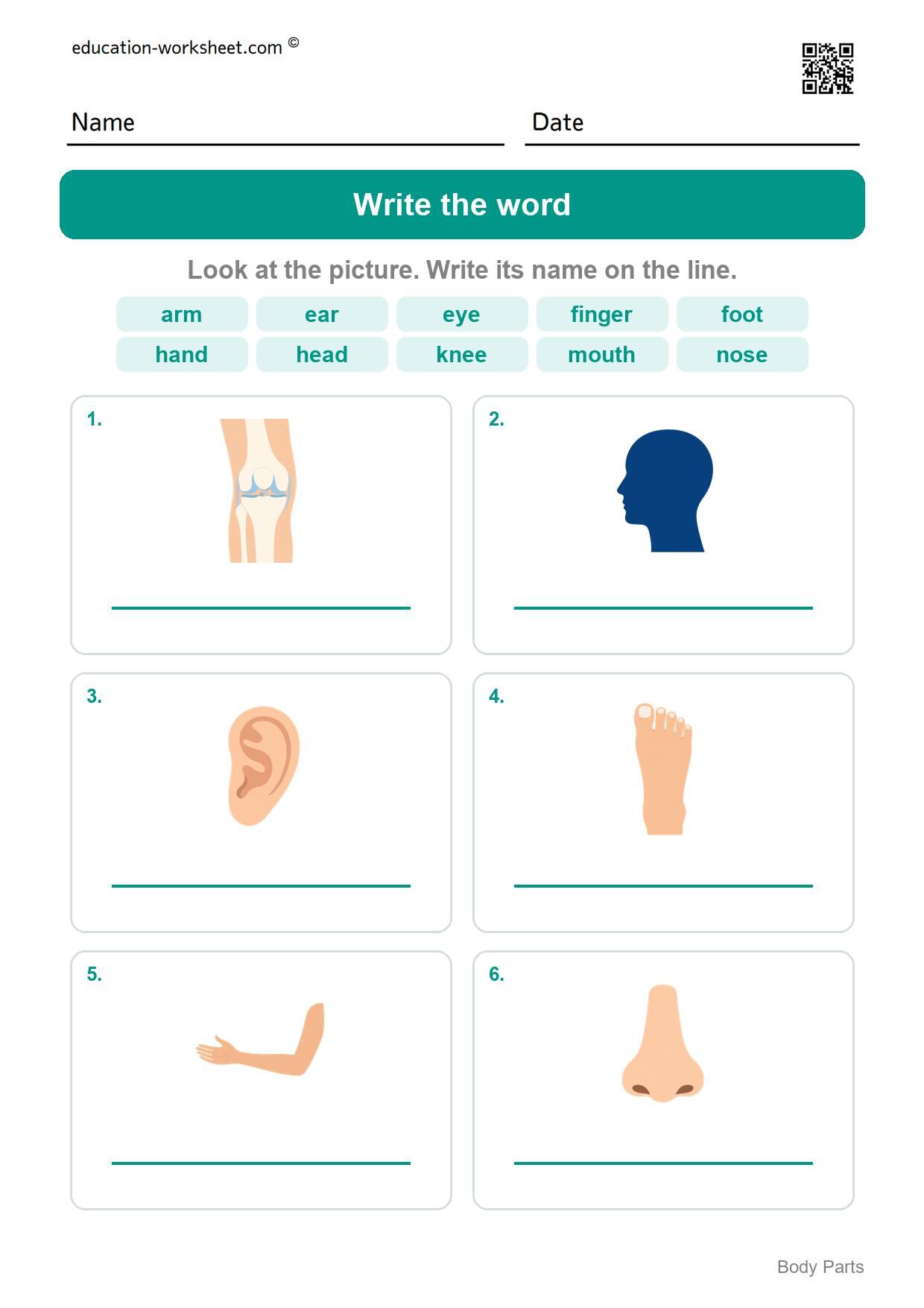 Write the word (Set 9) - Free Body Parts Worksheets for Kindergarten - Learn the Words