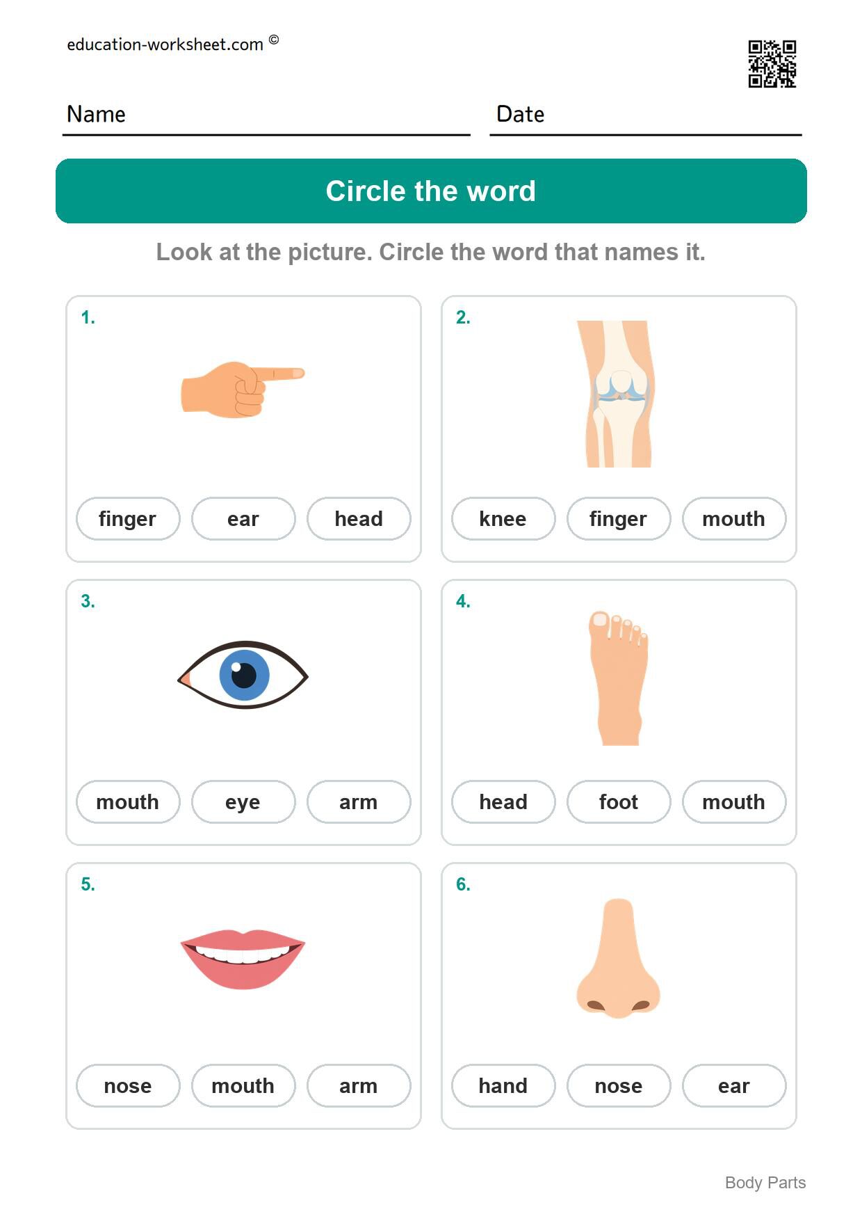 Circle the word (Set 10) - Free Body Parts Worksheets for Kindergarten - Learn the Words