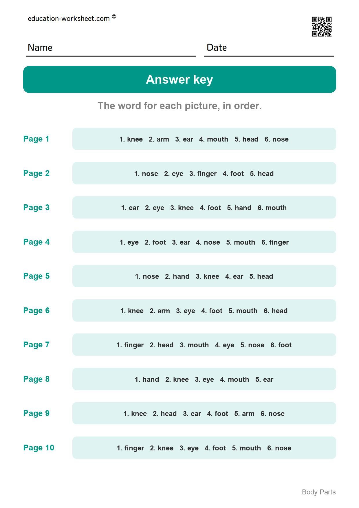 Answer key - all 10 pages - Free Body Parts Worksheets for Kindergarten - Learn the Words