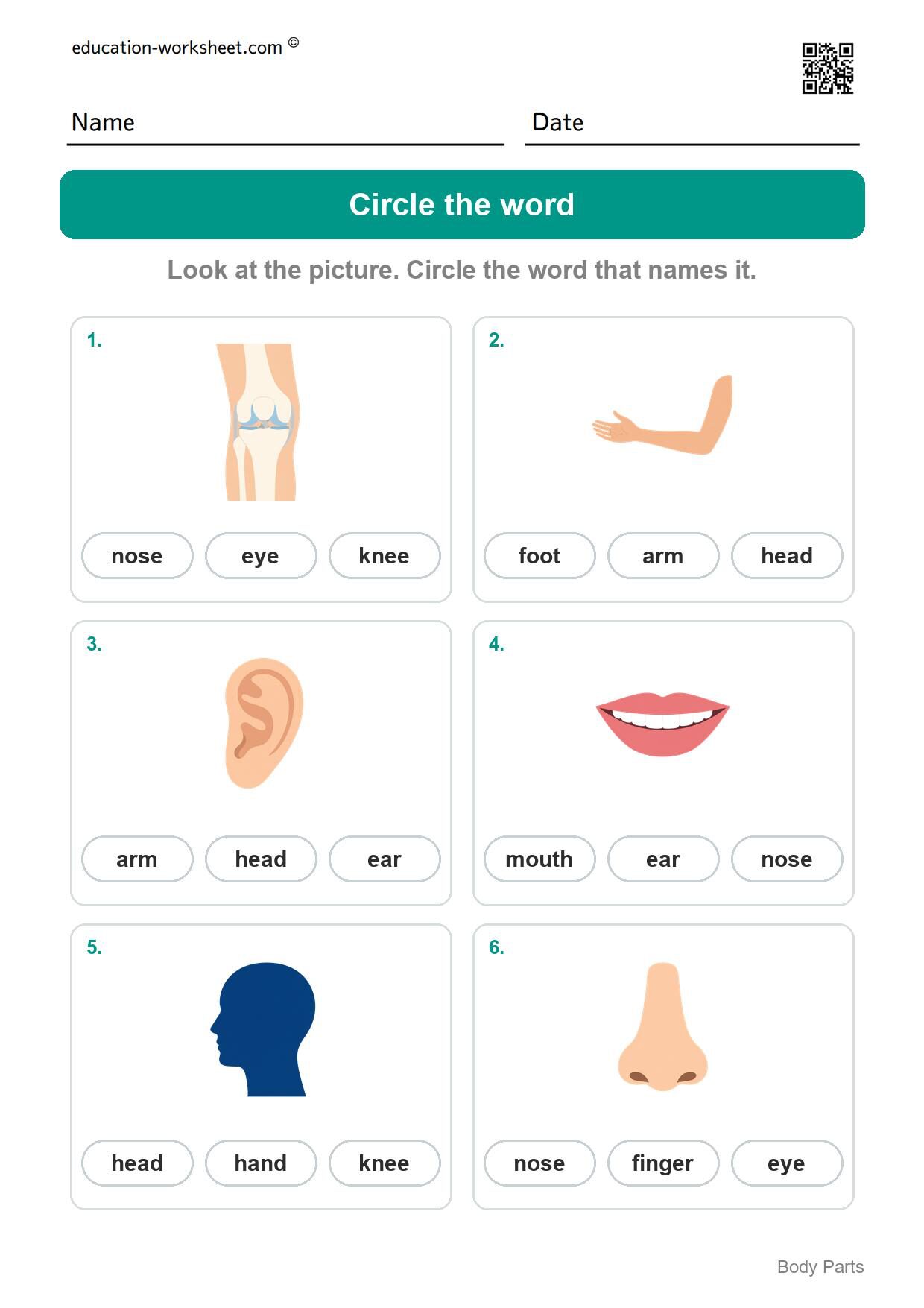 Circle the word (Set 1) - Free Body Parts Worksheets for Kindergarten - Learn the Words