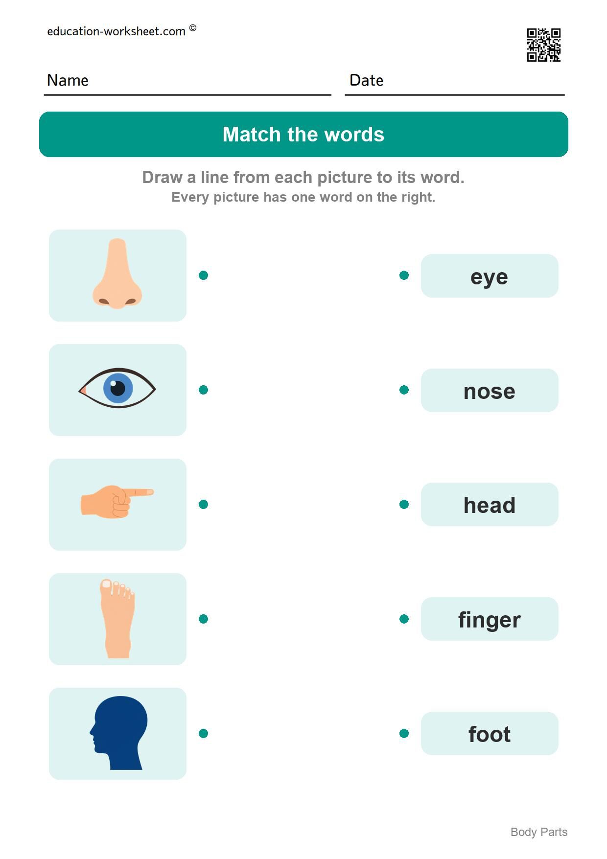 Match the words (Set 2) - Free Body Parts Worksheets for Kindergarten - Learn the Words