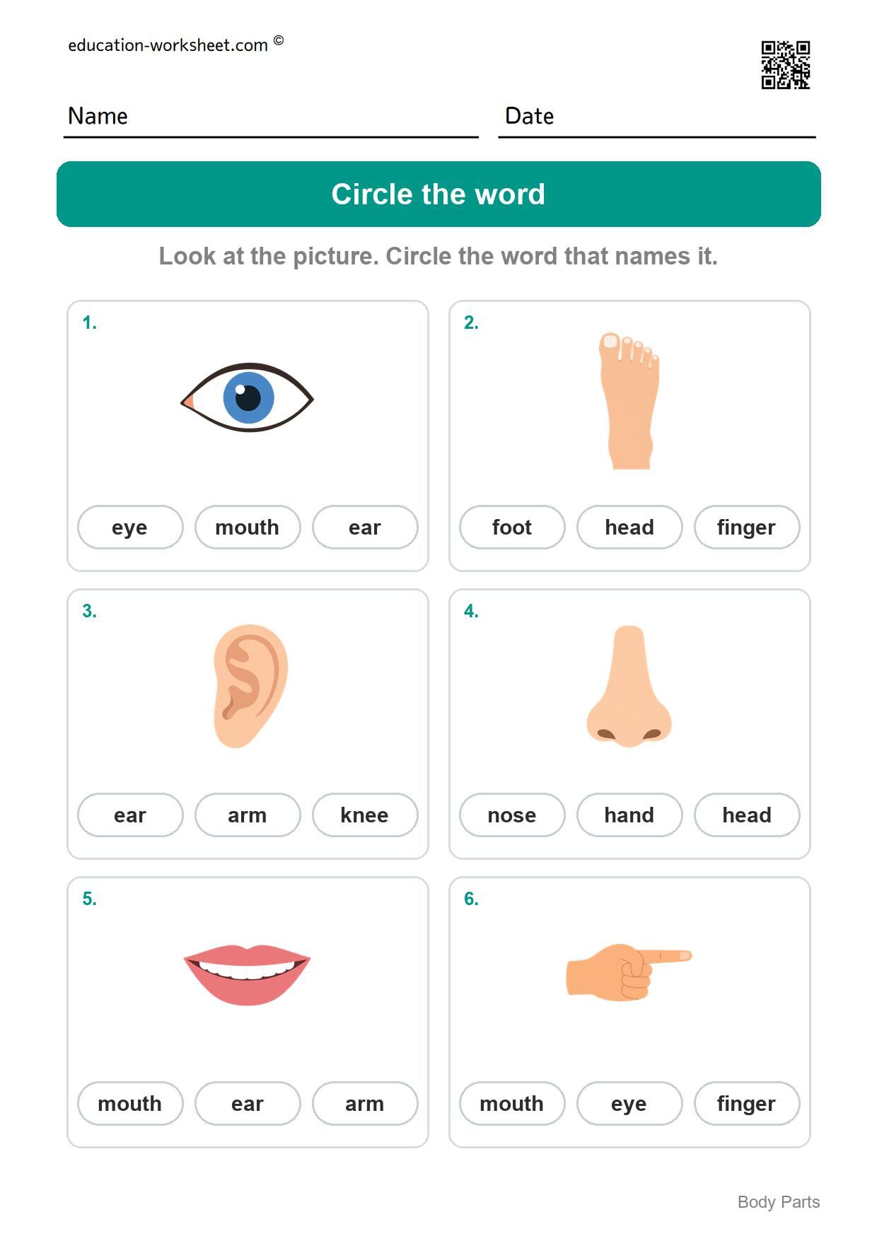 Circle the word (Set 4) - Free Body Parts Worksheets for Kindergarten - Learn the Words