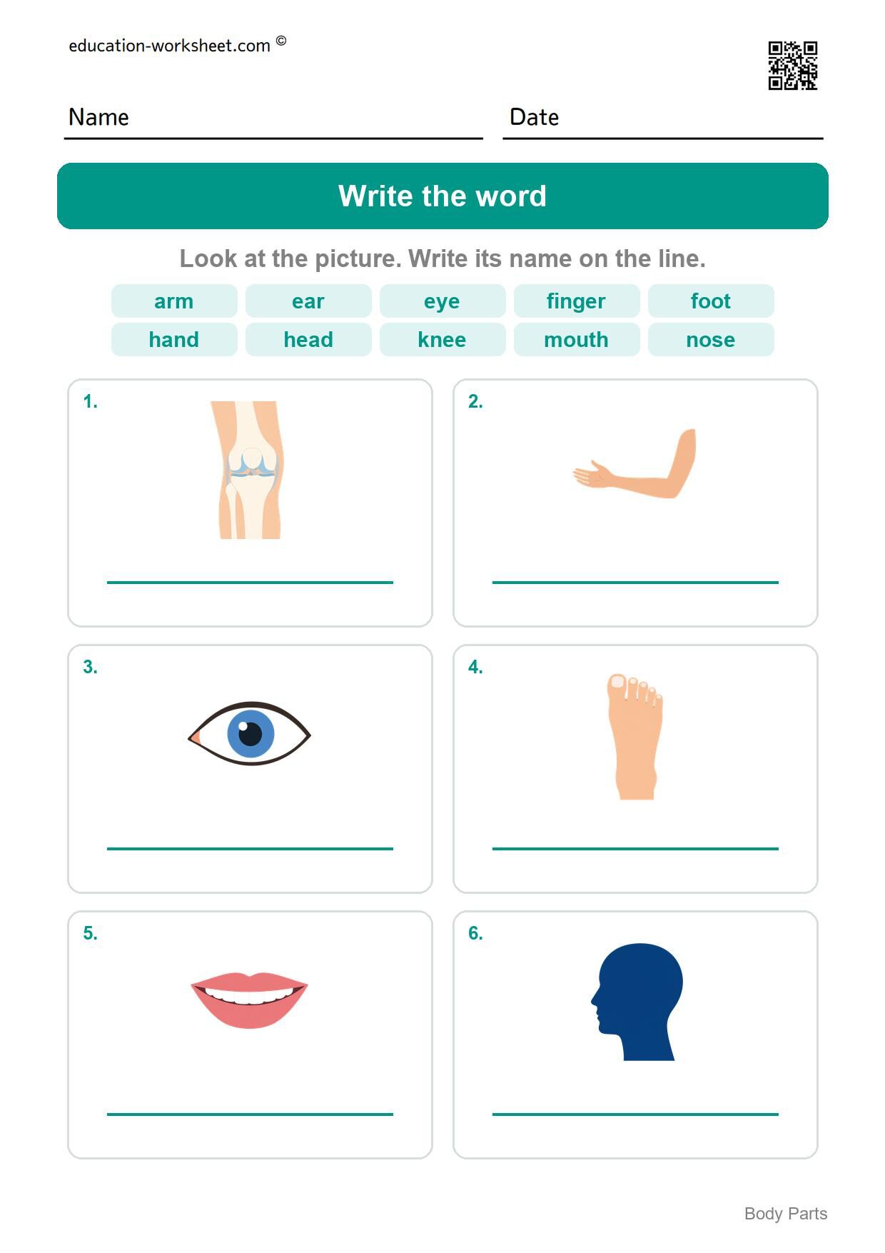 Write the word (Set 6) - Free Body Parts Worksheets for Kindergarten - Learn the Words