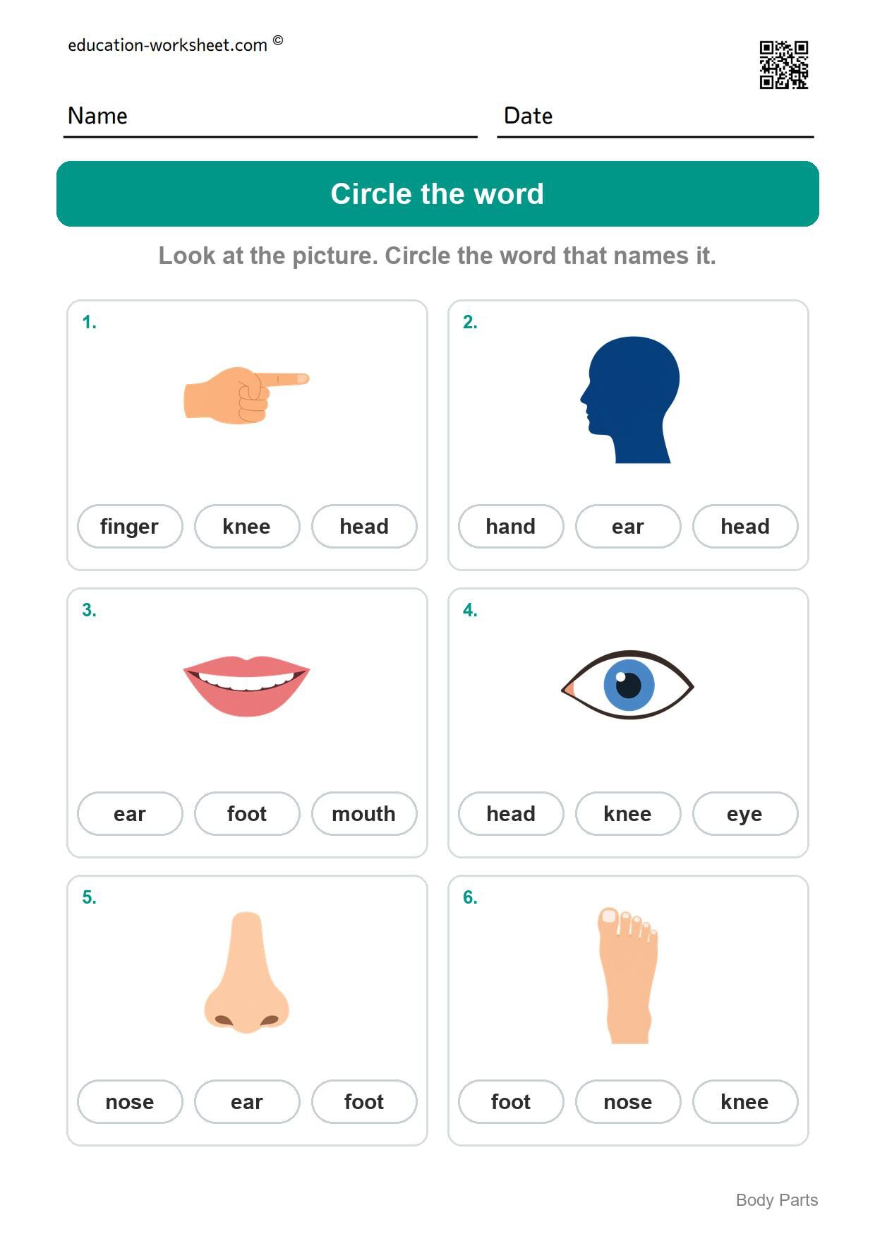 Circle the word (Set 7) - Free Body Parts Worksheets for Kindergarten - Learn the Words