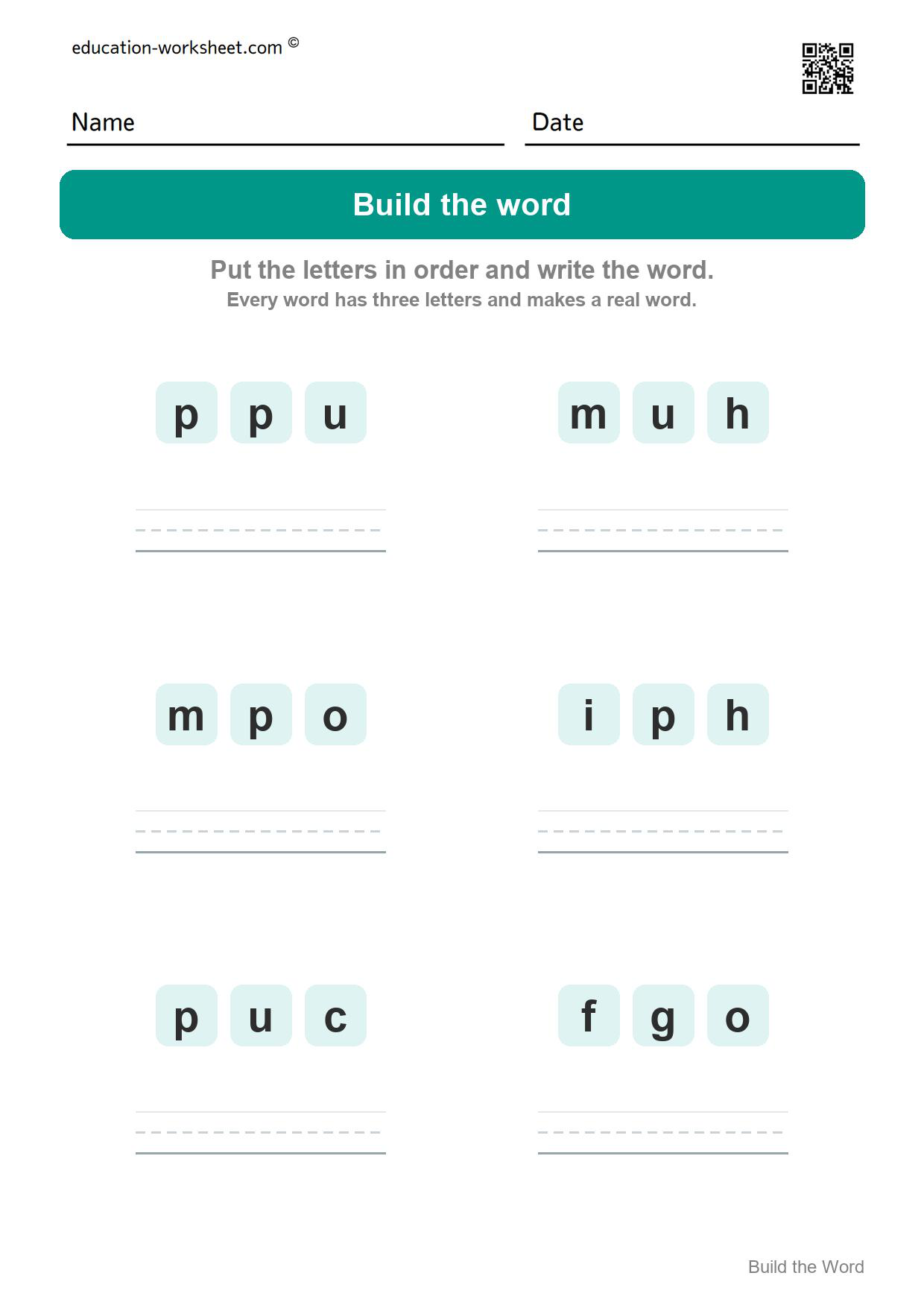 Build CVC words (Set 10) - Free CVC Word Building Worksheets for Kindergarten - Make Three Letter Words