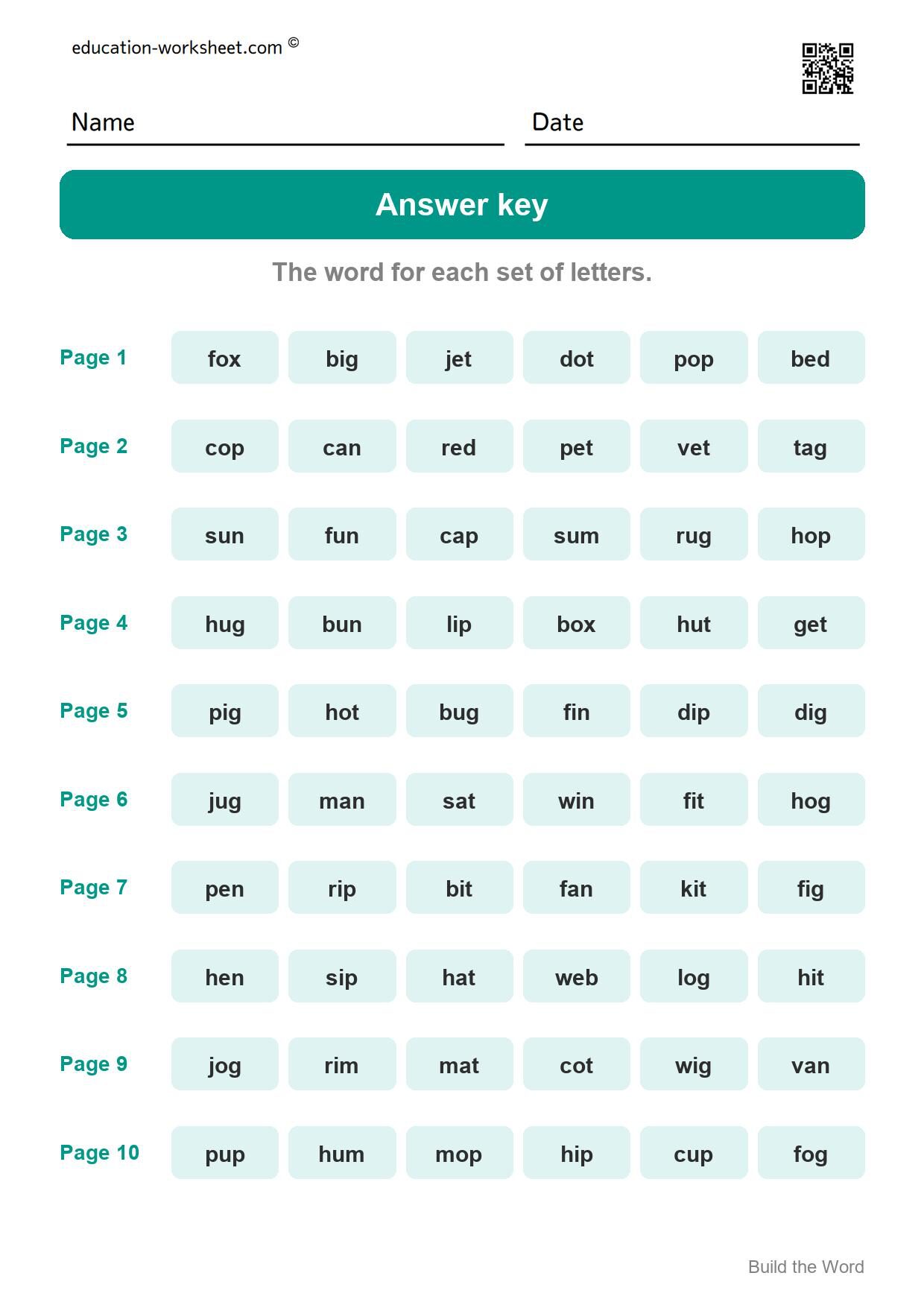 Answer key - all 10 pages - Free CVC Word Building Worksheets for Kindergarten - Make Three Letter Words