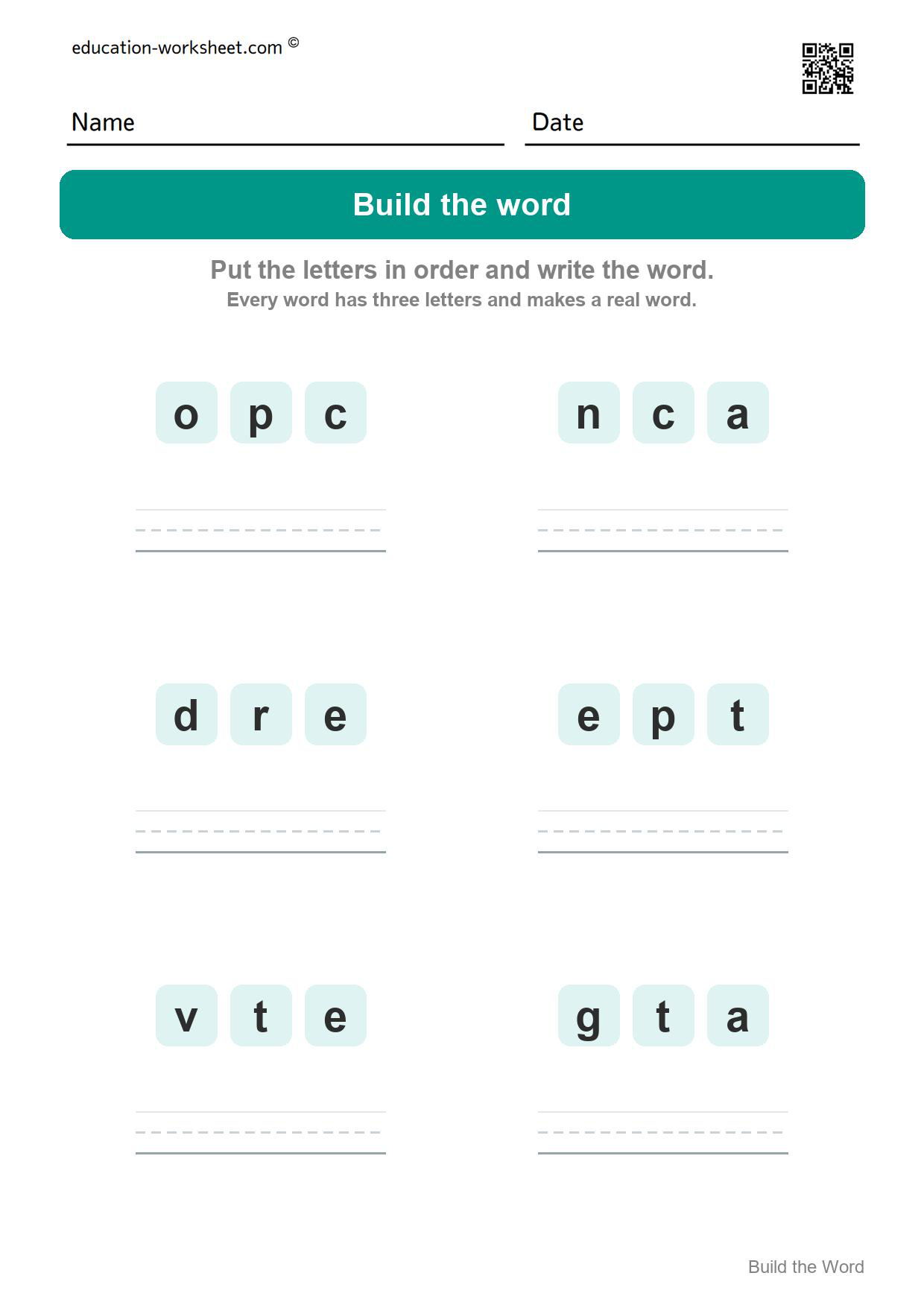 Build CVC words (Set 2) - Free CVC Word Building Worksheets for Kindergarten - Make Three Letter Words