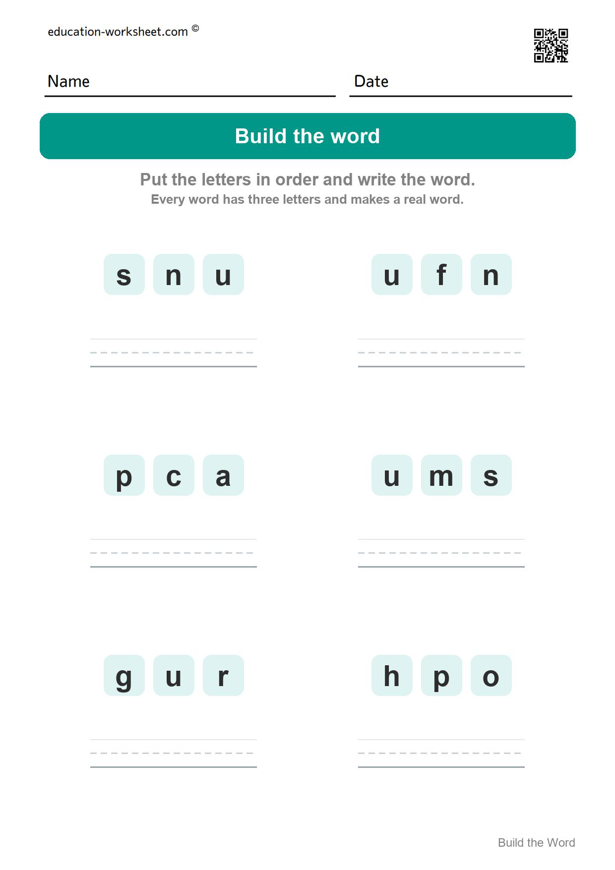 Build CVC words (Set 3) - Free CVC Word Building Worksheets for Kindergarten - Make Three Letter Words