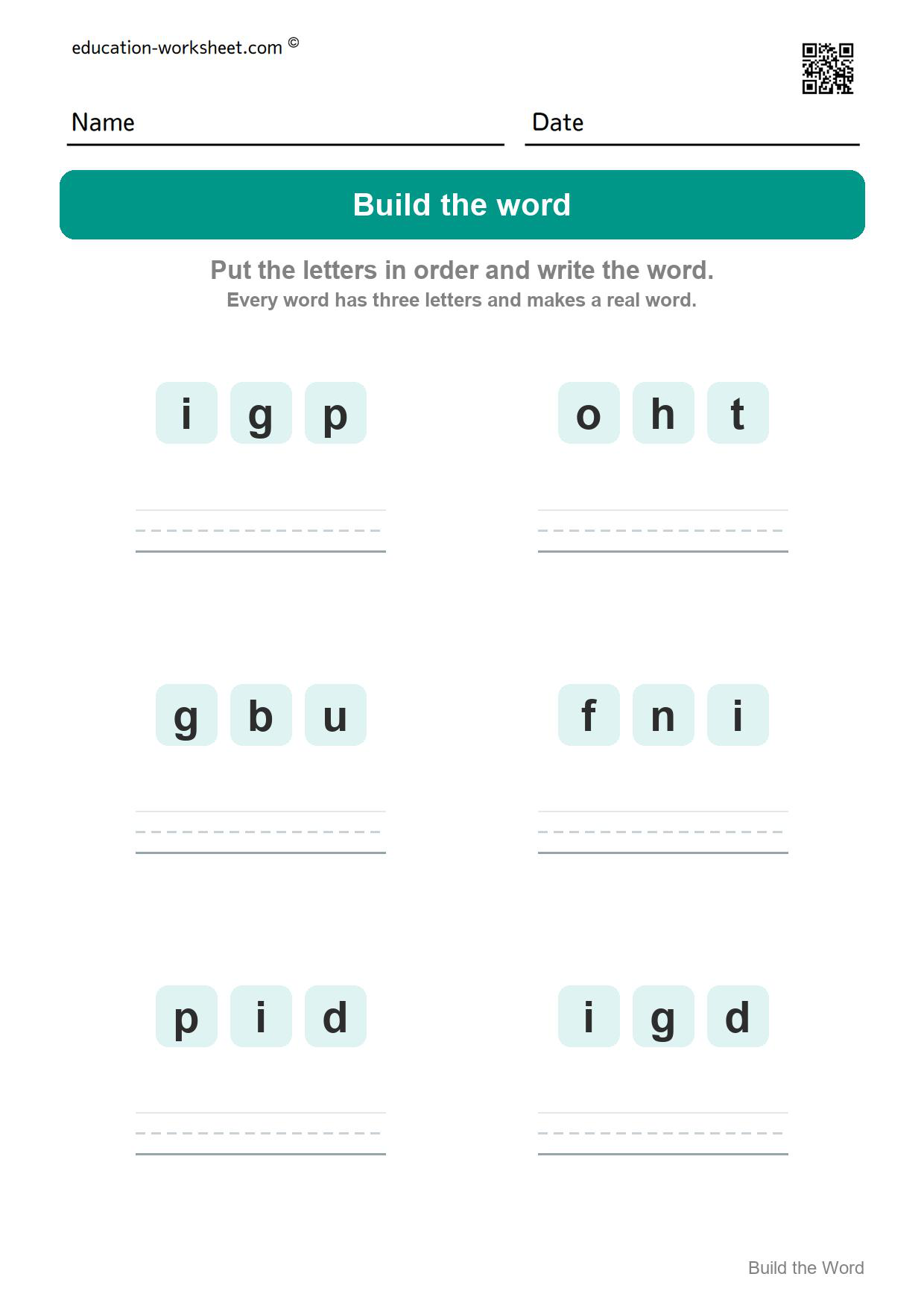 Build CVC words (Set 5) - Free CVC Word Building Worksheets for Kindergarten - Make Three Letter Words