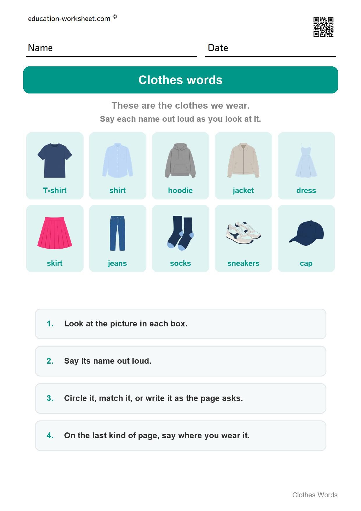 How to use this worksheet - Free Clothes Worksheets for Kindergarten - Read and Write