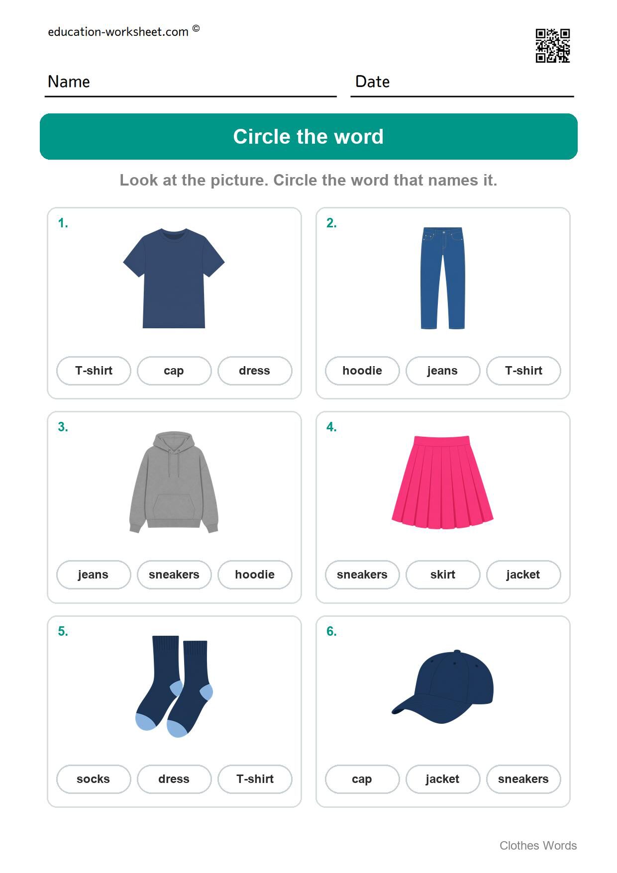 Circle the word (Set 9) - Free Clothes Worksheets for Kindergarten - Read and Write