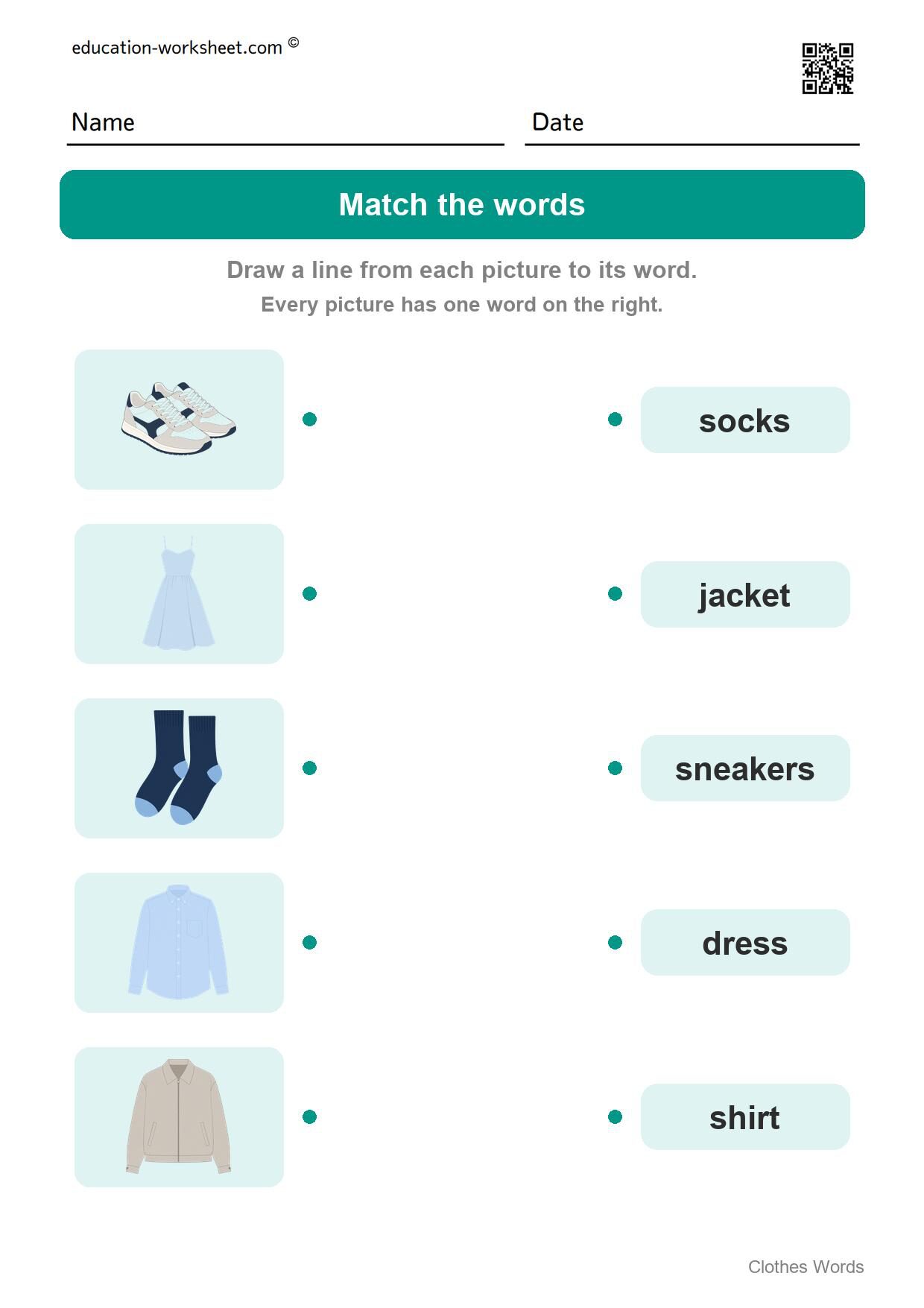 Match the words (Set 10) - Free Clothes Worksheets for Kindergarten - Read and Write
