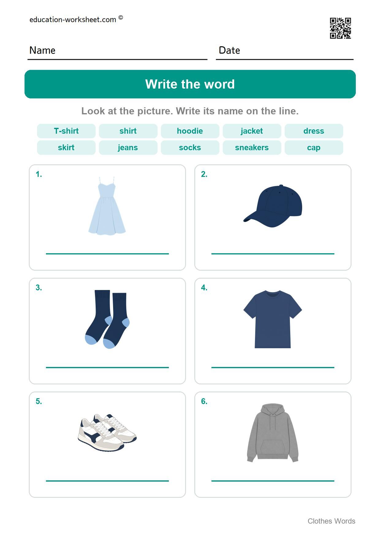 Write the word (Set 11) - Free Clothes Worksheets for Kindergarten - Read and Write