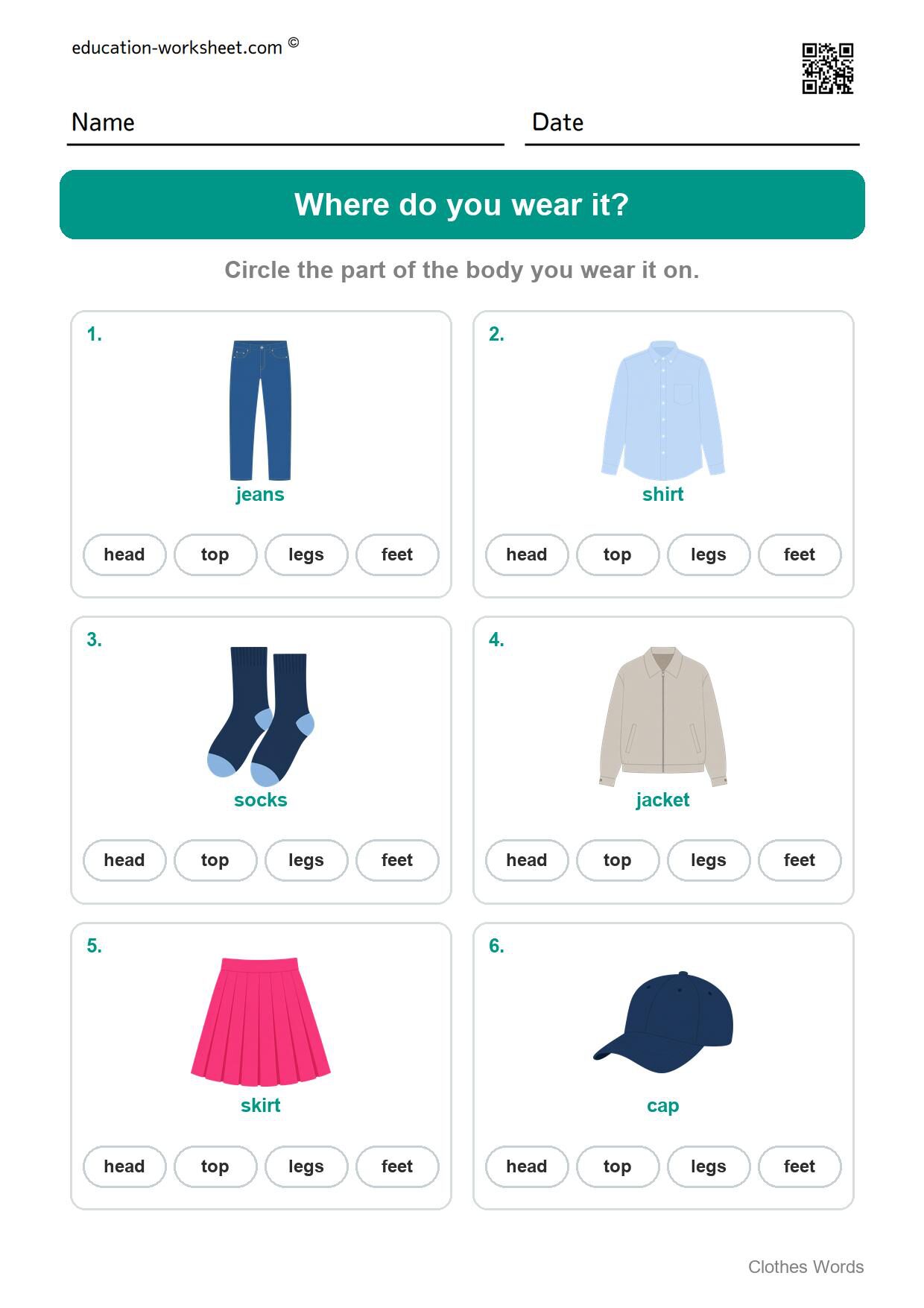 Where do you wear it (Set 12) - Free Clothes Worksheets for Kindergarten - Read and Write