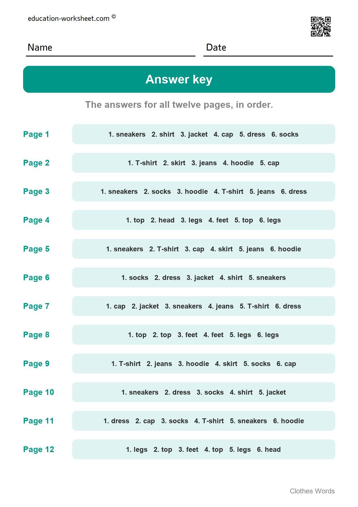 Answer key - all 12 pages - Free Clothes Worksheets for Kindergarten - Read and Write