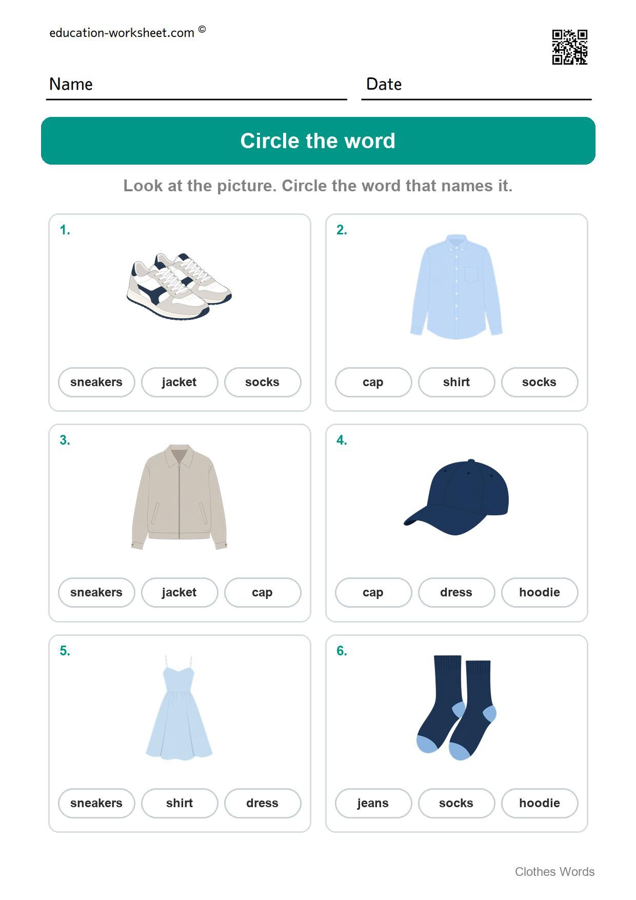Circle the word (Set 1) - Free Clothes Worksheets for Kindergarten - Read and Write