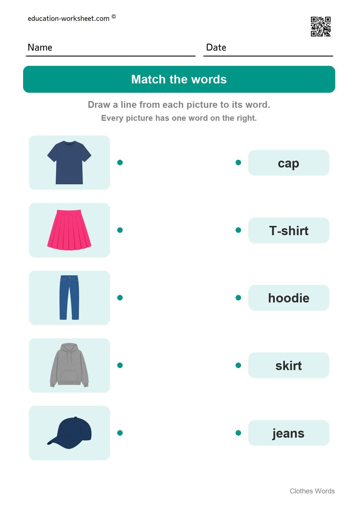 Match the words (Set 2) - Free Clothes Worksheets for Kindergarten - Read and Write