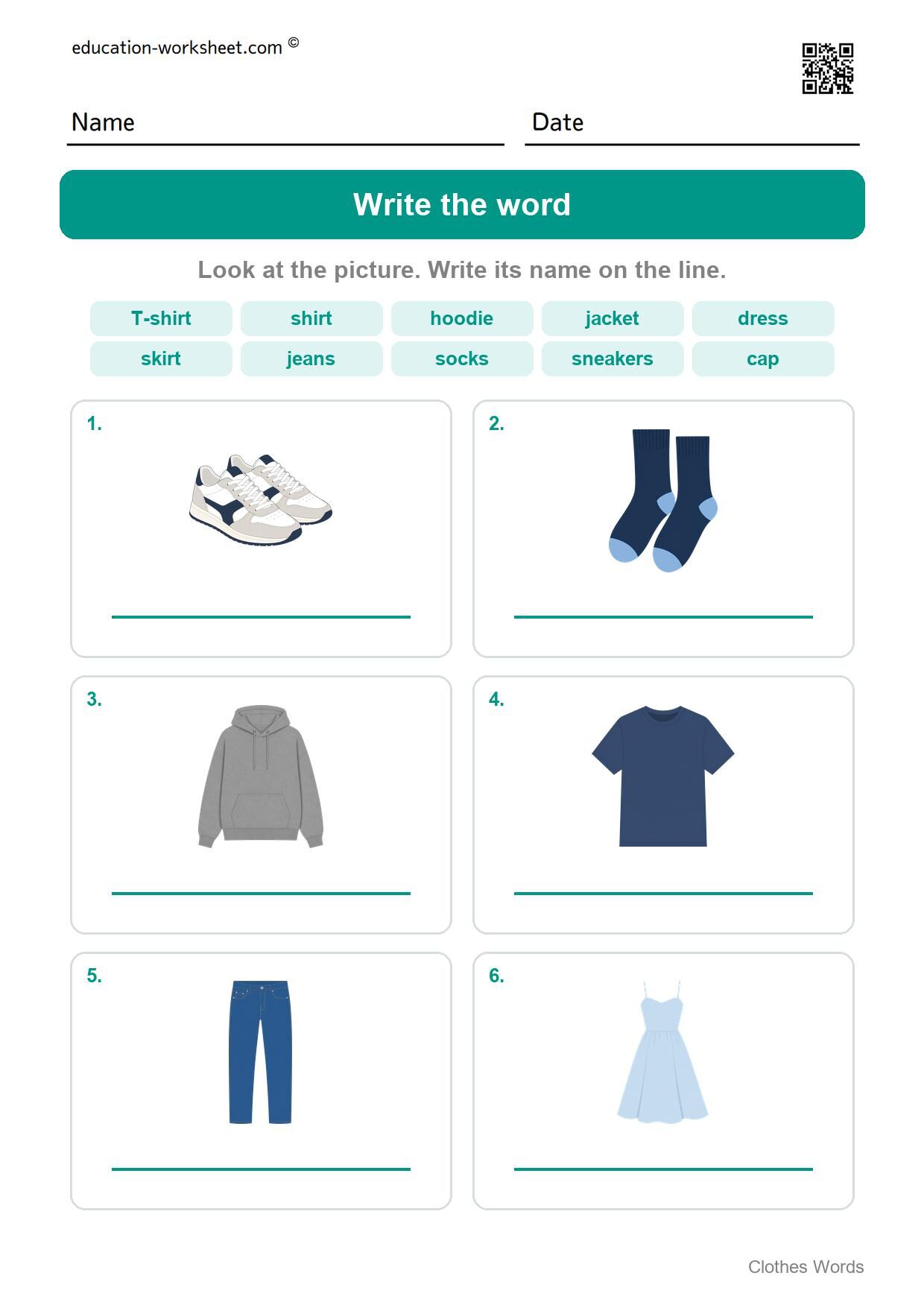 Write the word (Set 3) - Free Clothes Worksheets for Kindergarten - Read and Write