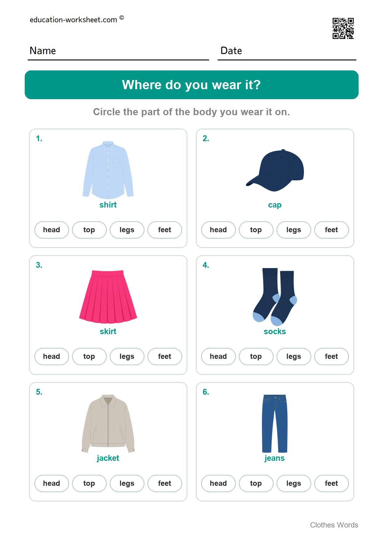 Where do you wear it (Set 4) - Free Clothes Worksheets for Kindergarten - Read and Write