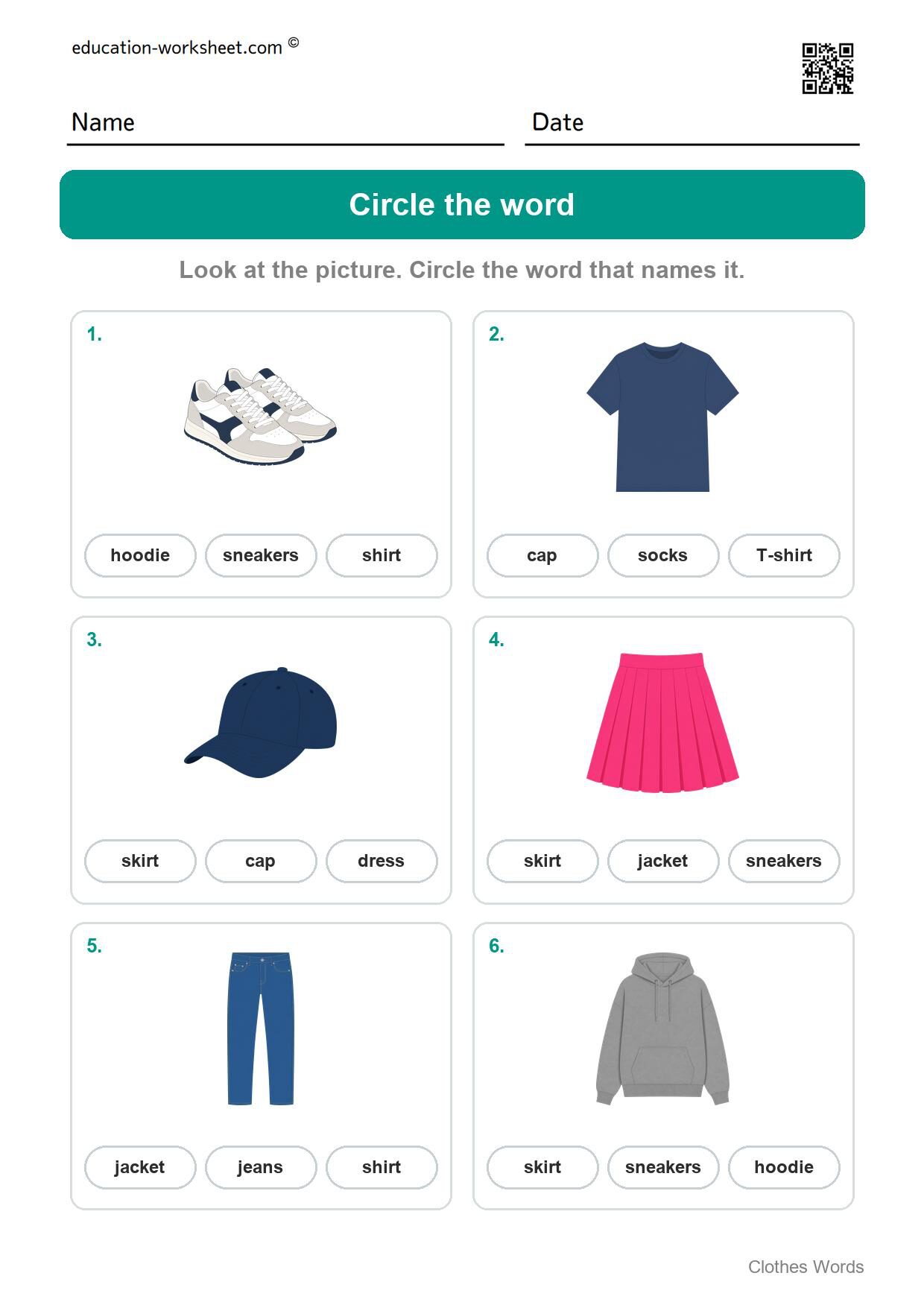 Circle the word (Set 5) - Free Clothes Worksheets for Kindergarten - Read and Write
