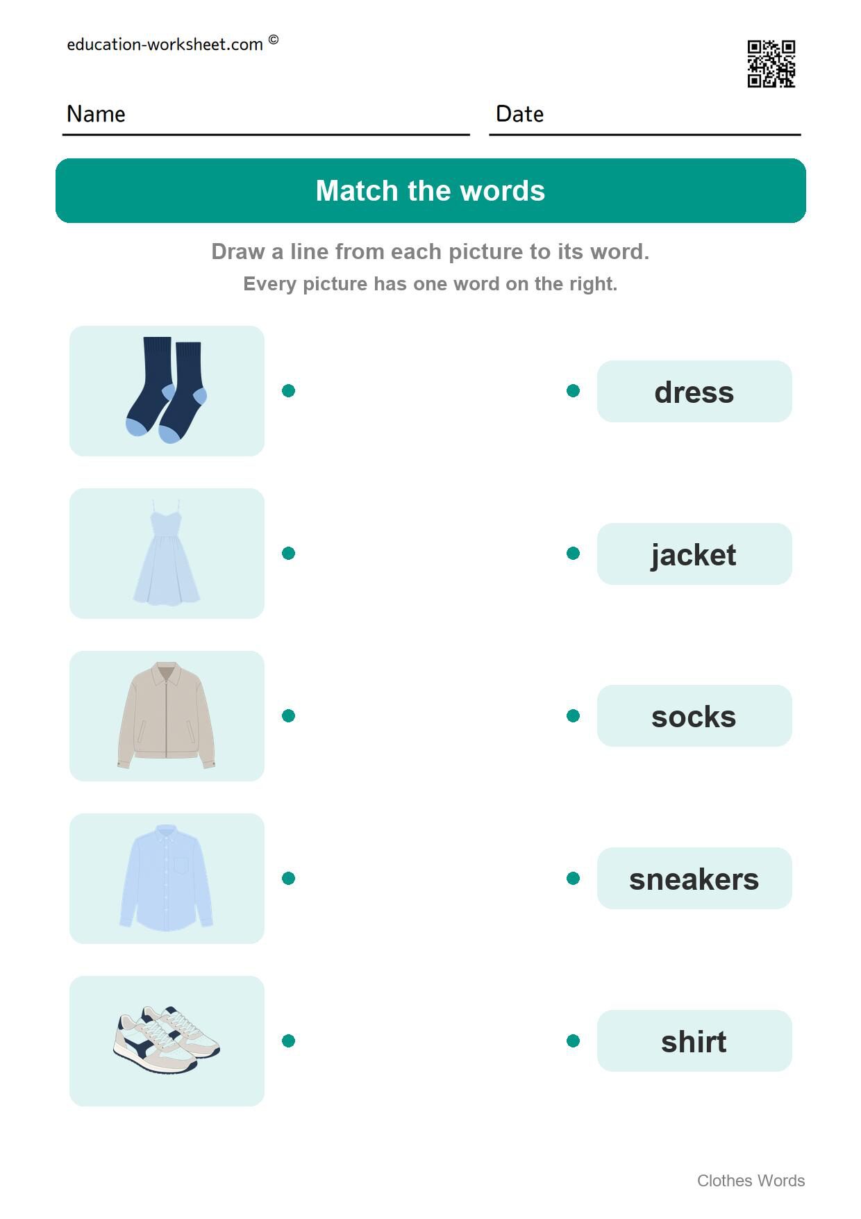 Match the words (Set 6) - Free Clothes Worksheets for Kindergarten - Read and Write