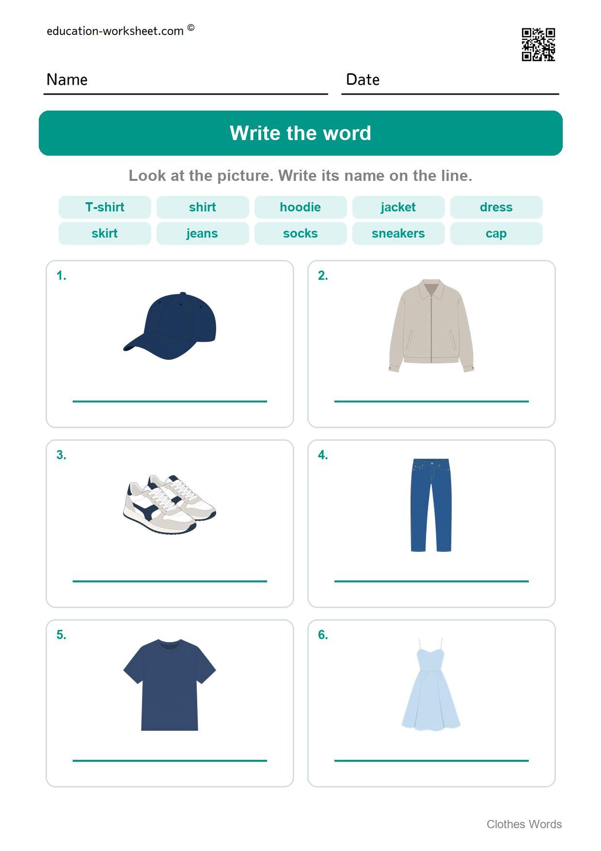 Write the word (Set 7) - Free Clothes Worksheets for Kindergarten - Read and Write