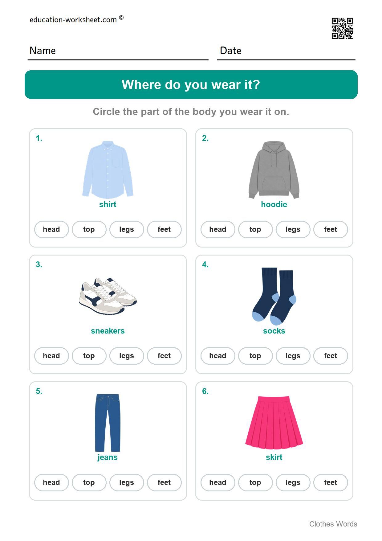 Where do you wear it (Set 8) - Free Clothes Worksheets for Kindergarten - Read and Write