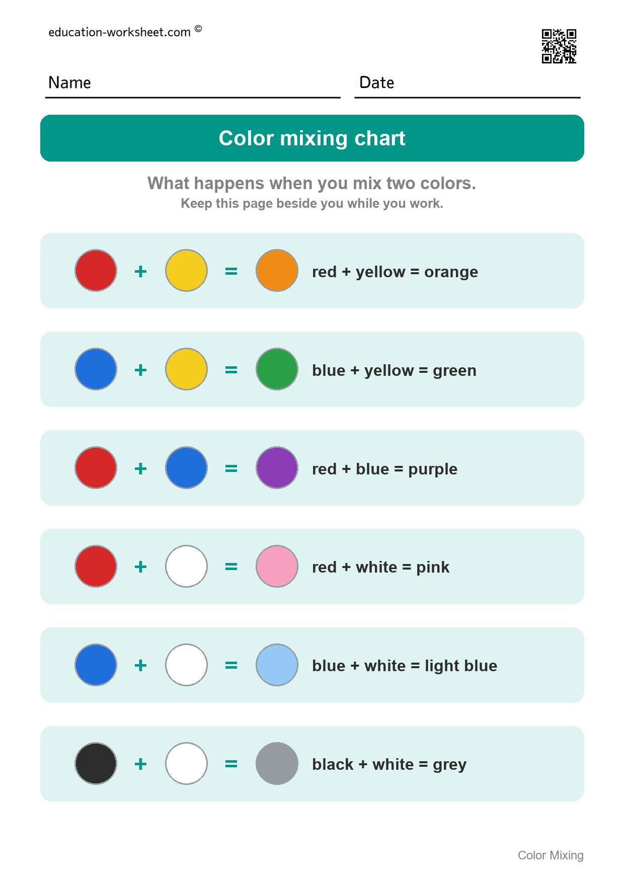 Color mixing chart - the six mixes - Free Color Mixing Worksheets for Preschool - What Two Colors Make