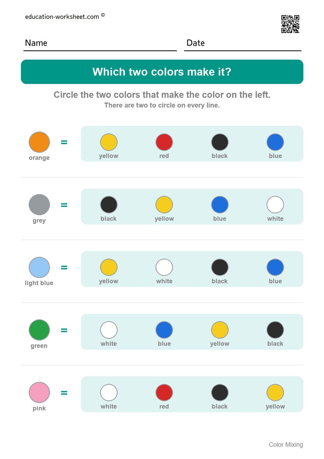 Which two colors make it? (Set 9) - Free Color Mixing Worksheets for Preschool - What Two Colors Make