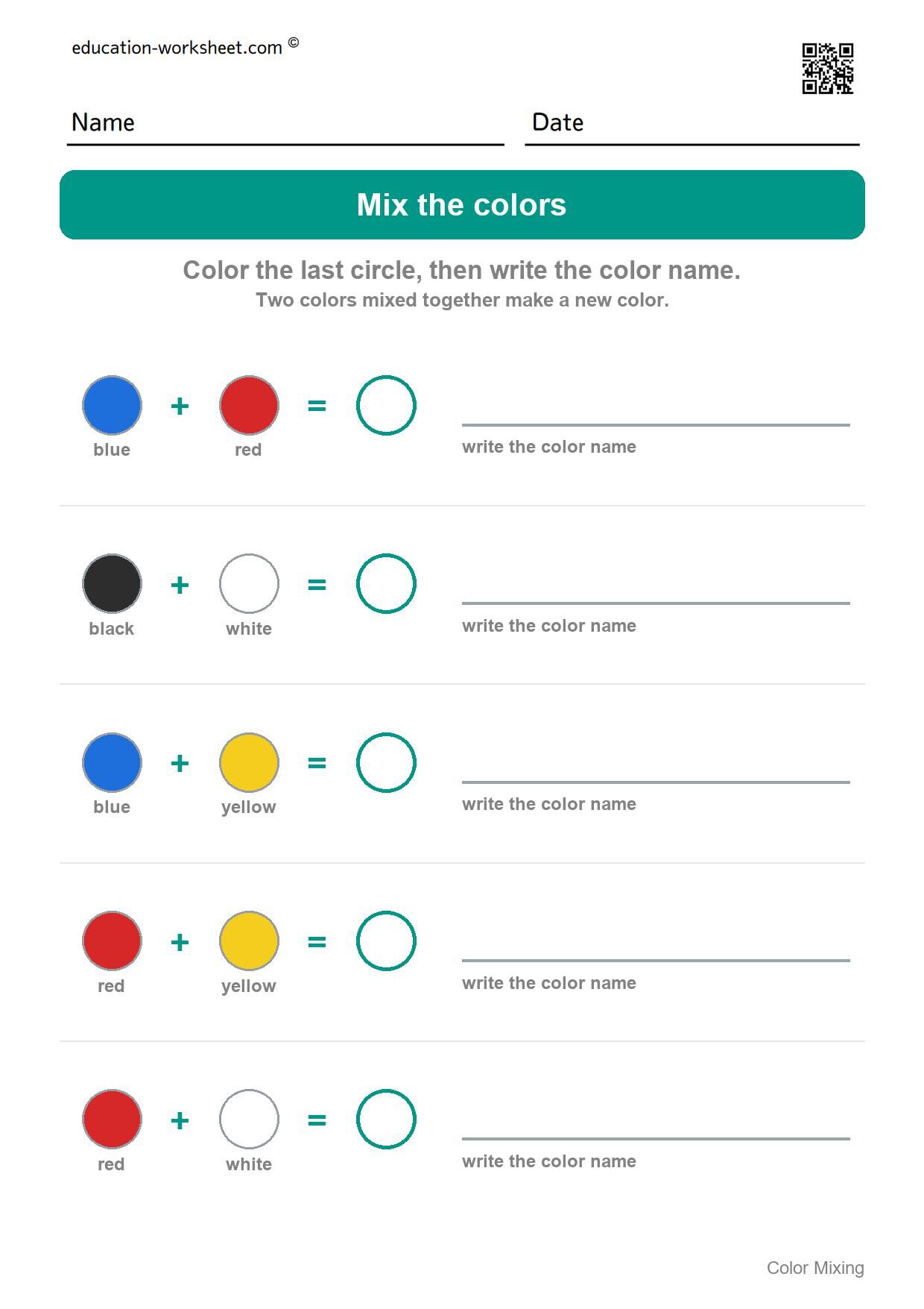 Mix the colors (Set 10) - Free Color Mixing Worksheets for Preschool - What Two Colors Make