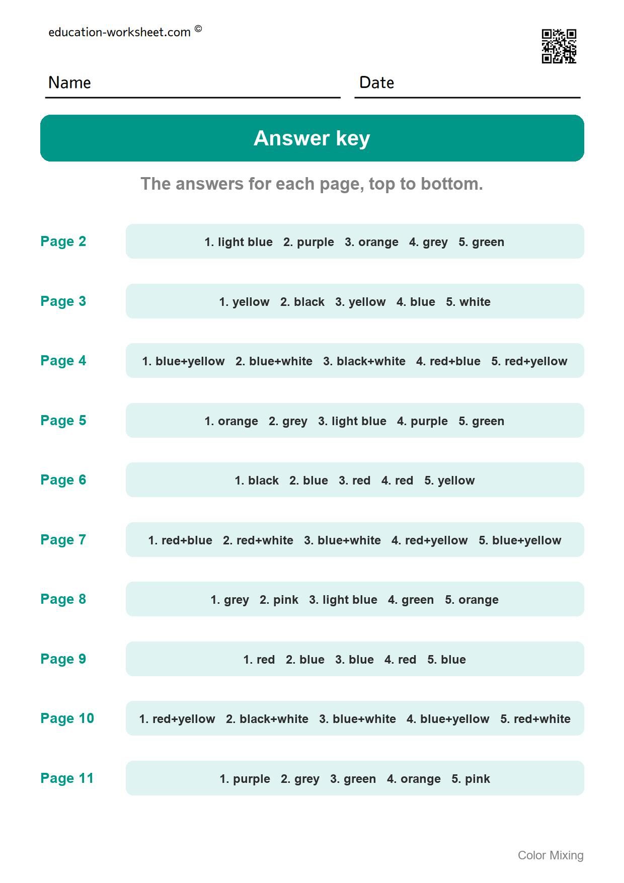 Answer key - all 10 pages - Free Color Mixing Worksheets for Preschool - What Two Colors Make