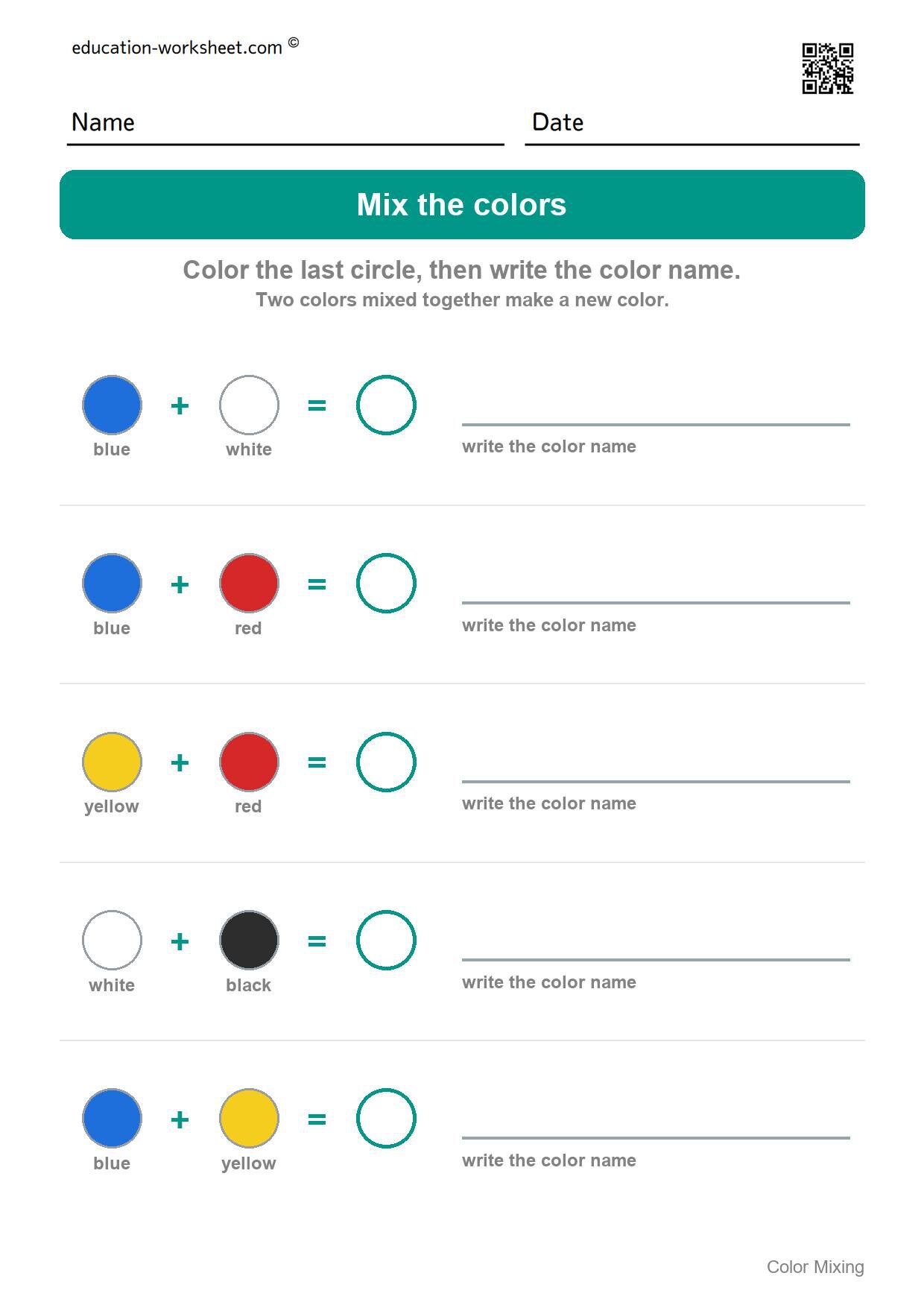 Mix the colors (Set 1) - Free Color Mixing Worksheets for Preschool - What Two Colors Make