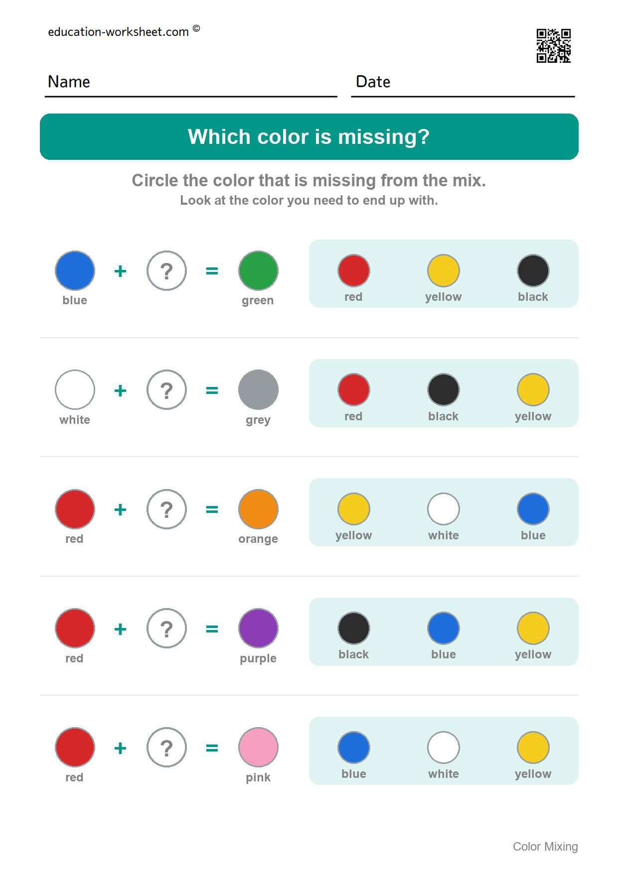 Which color is missing? (Set 2) - Free Color Mixing Worksheets for Preschool - What Two Colors Make