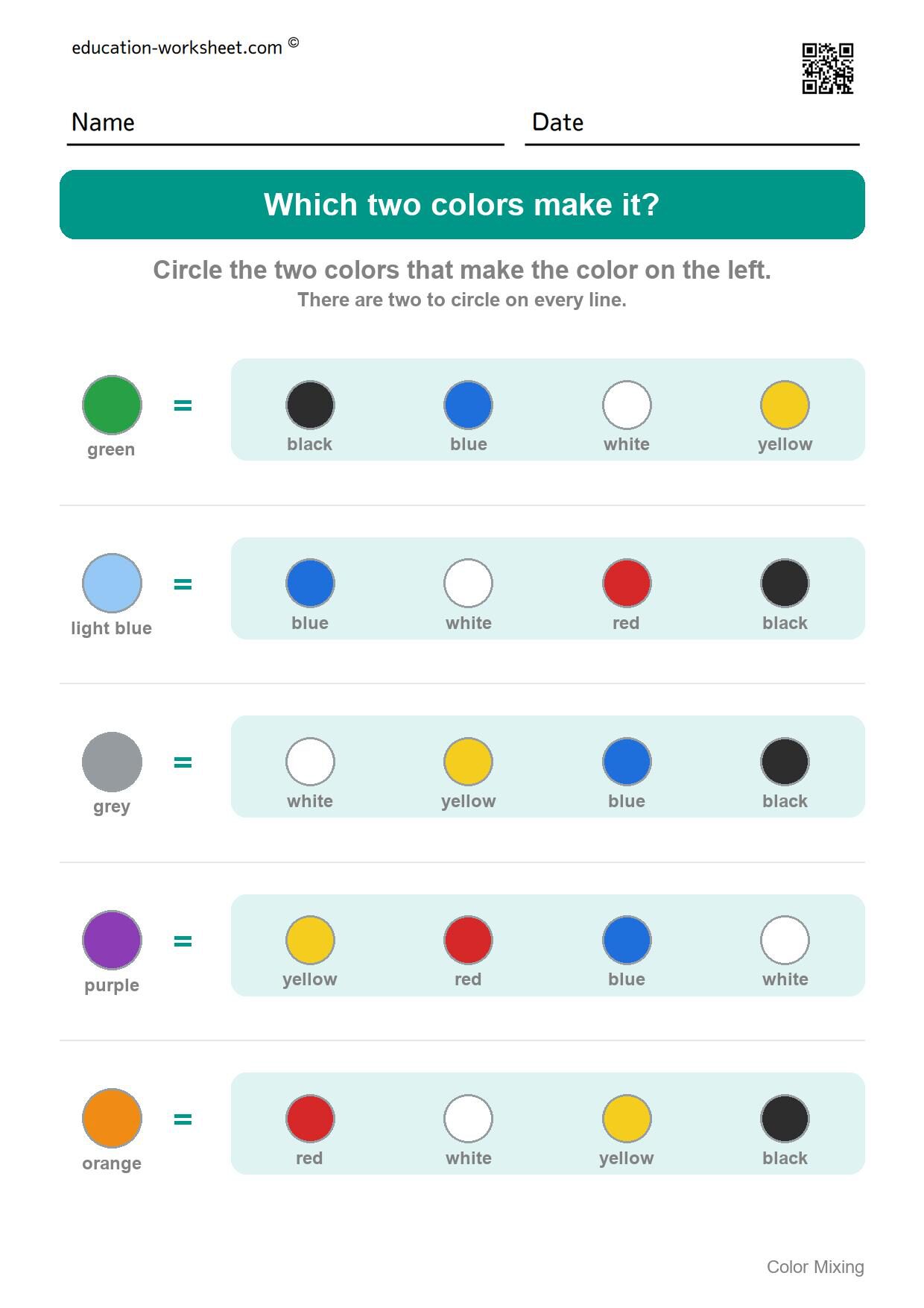 Which two colors make it? (Set 3) - Free Color Mixing Worksheets for Preschool - What Two Colors Make