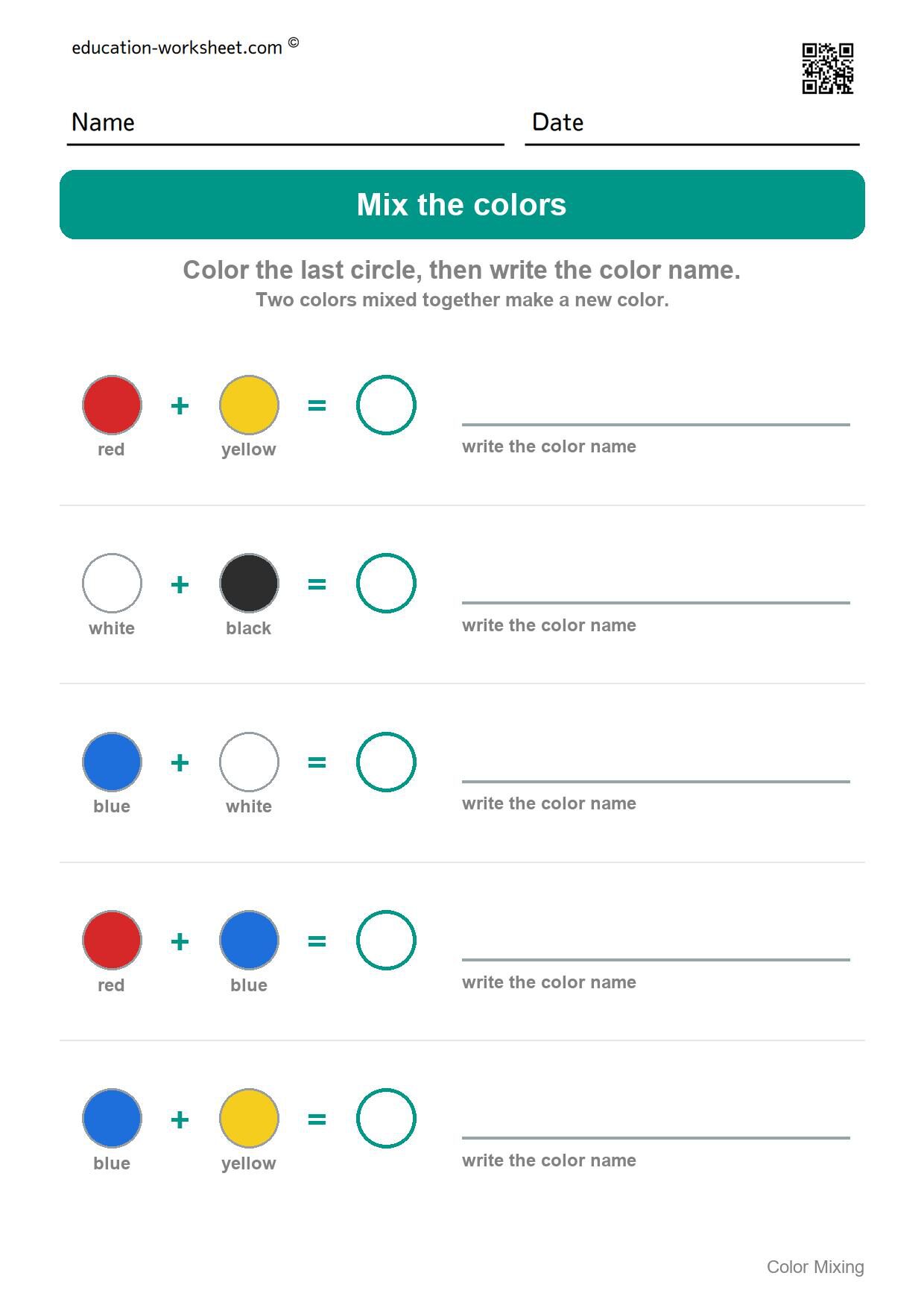 Mix the colors (Set 4) - Free Color Mixing Worksheets for Preschool - What Two Colors Make