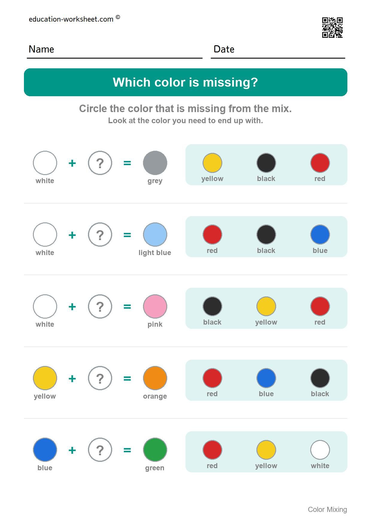 Which color is missing? (Set 5) - Free Color Mixing Worksheets for Preschool - What Two Colors Make