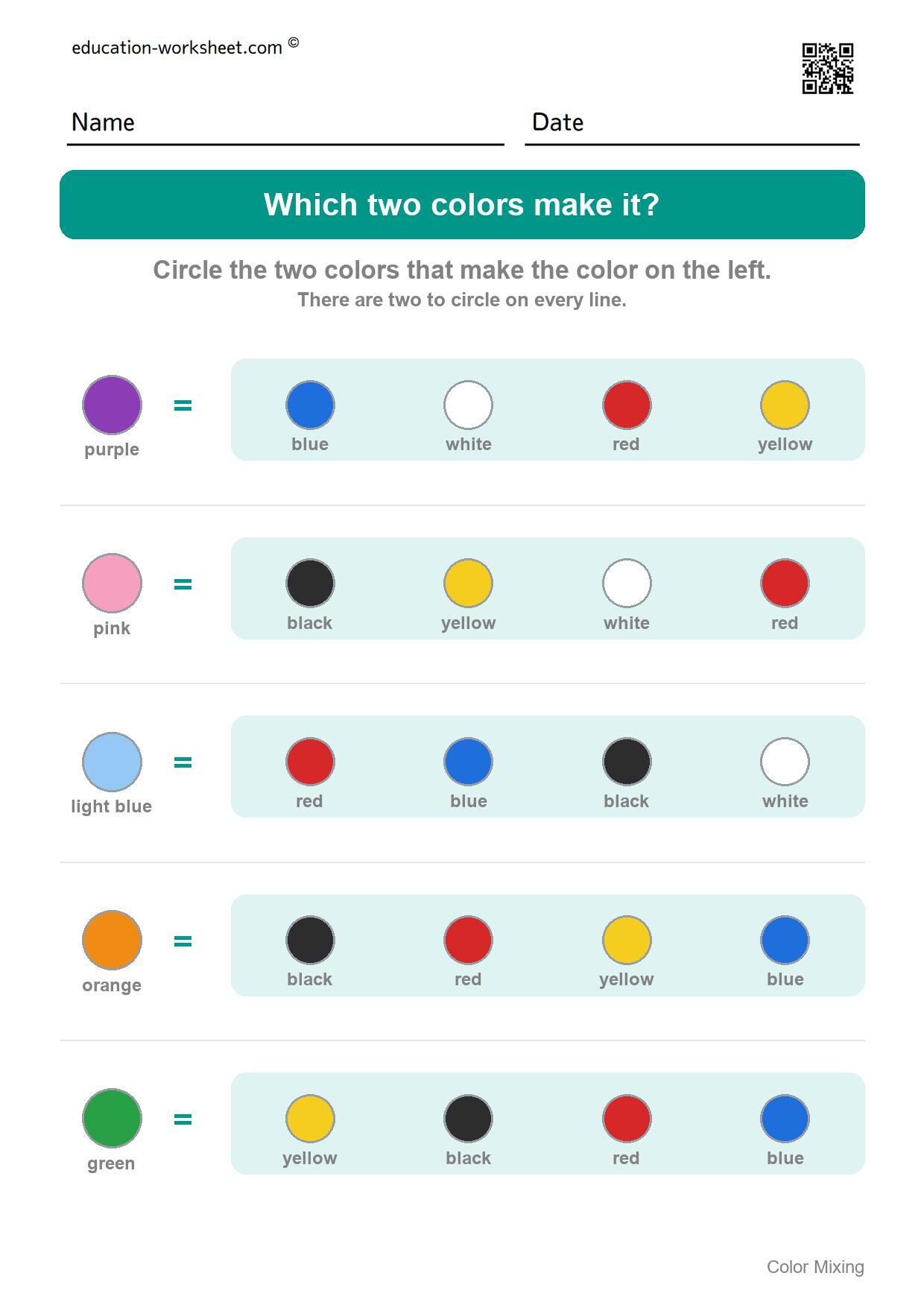 Which two colors make it? (Set 6) - Free Color Mixing Worksheets for Preschool - What Two Colors Make