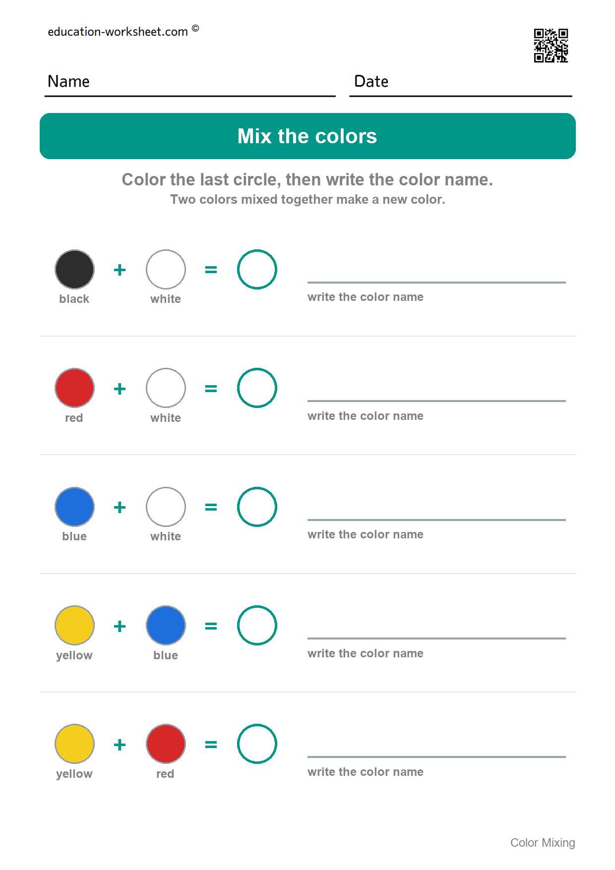 Mix the colors (Set 7) - Free Color Mixing Worksheets for Preschool - What Two Colors Make