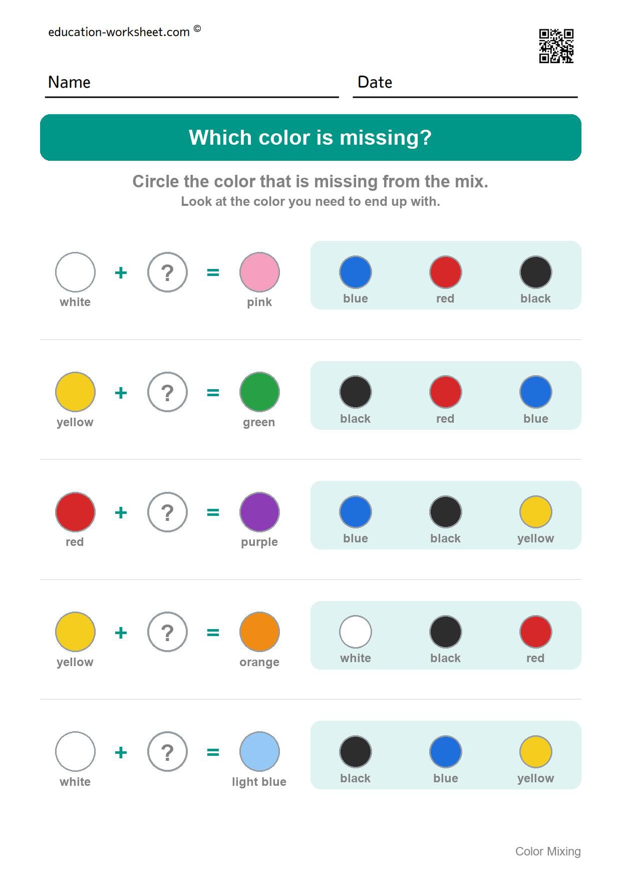 Which color is missing? (Set 8) - Free Color Mixing Worksheets for Preschool - What Two Colors Make